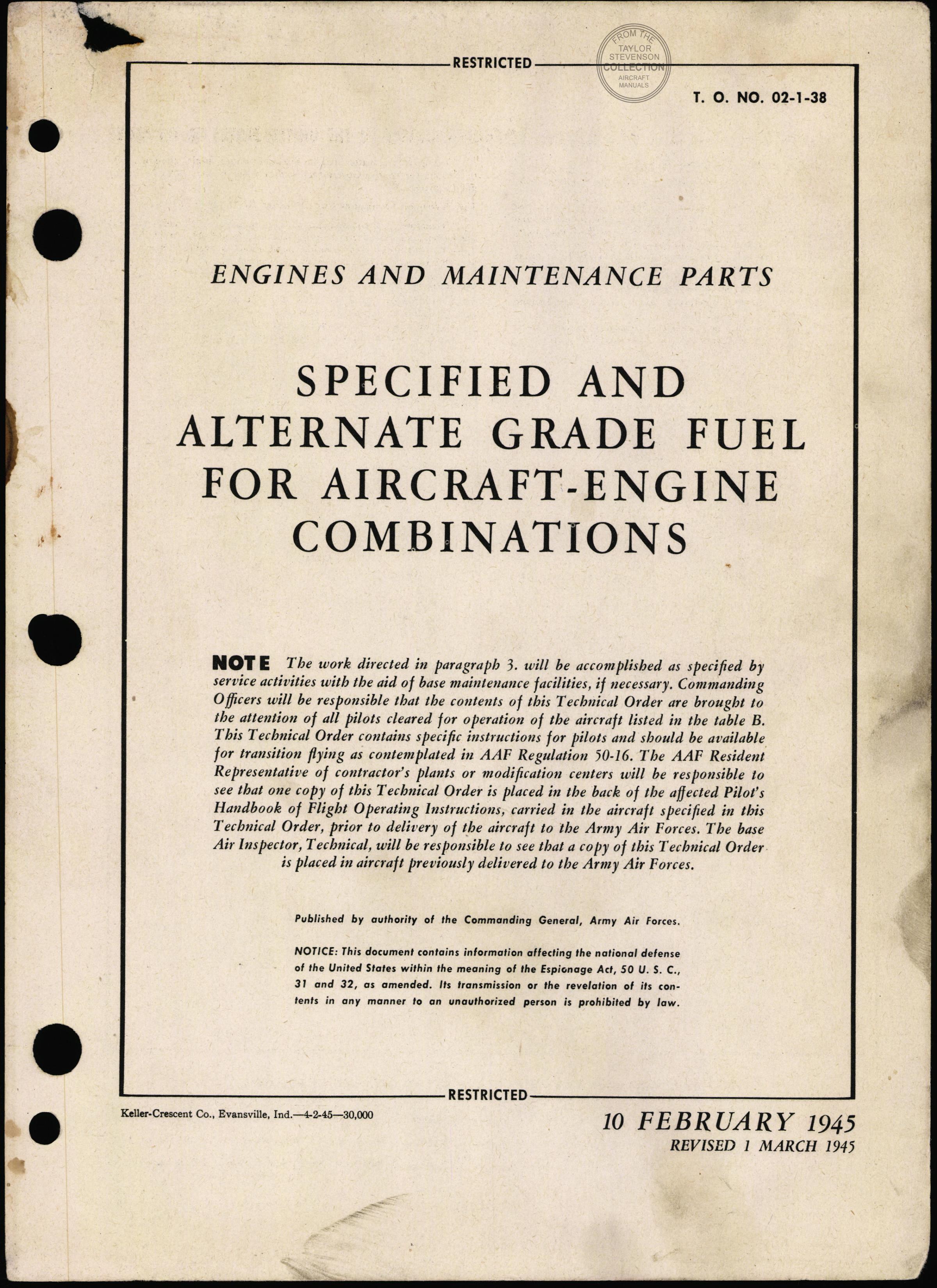 Sample page 1 from AirCorps Library document: Engines and Maintenance Parts - Specified and Alternate Grade Fuel For Aircraft-Engine Combinations