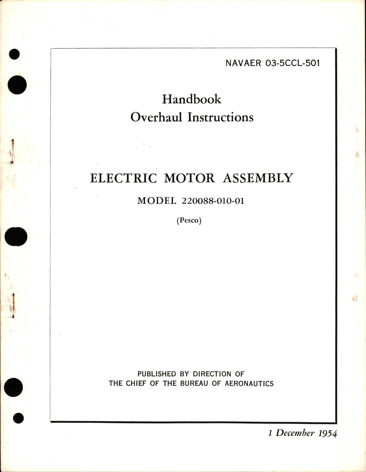 Sample page 1 from AirCorps Library document: Overhaul Instructions for Electric Motor Assembly - Model 220088-010-01