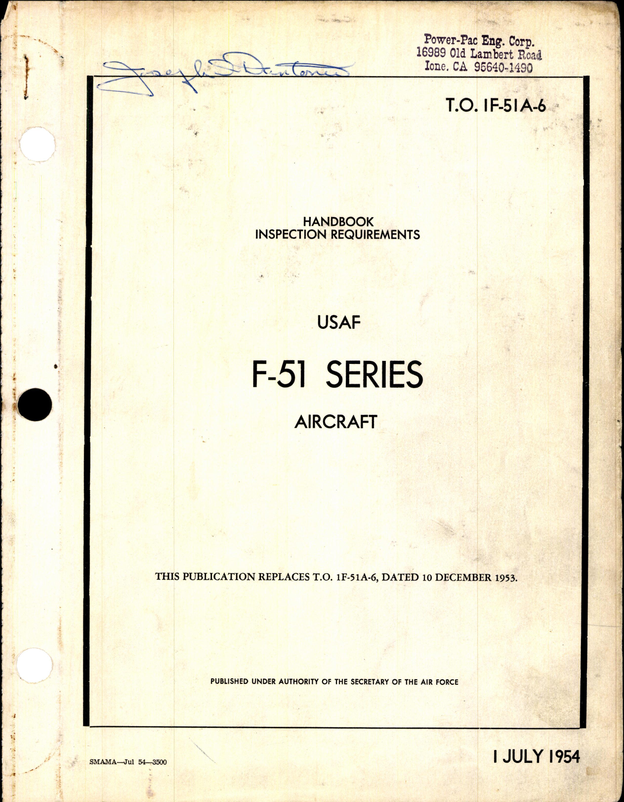 Sample page 1 from AirCorps Library document: T.O. No. 1F-51A-6, Inspection Requirements for USAF F-51 Series Aircraft, 1-July-1954