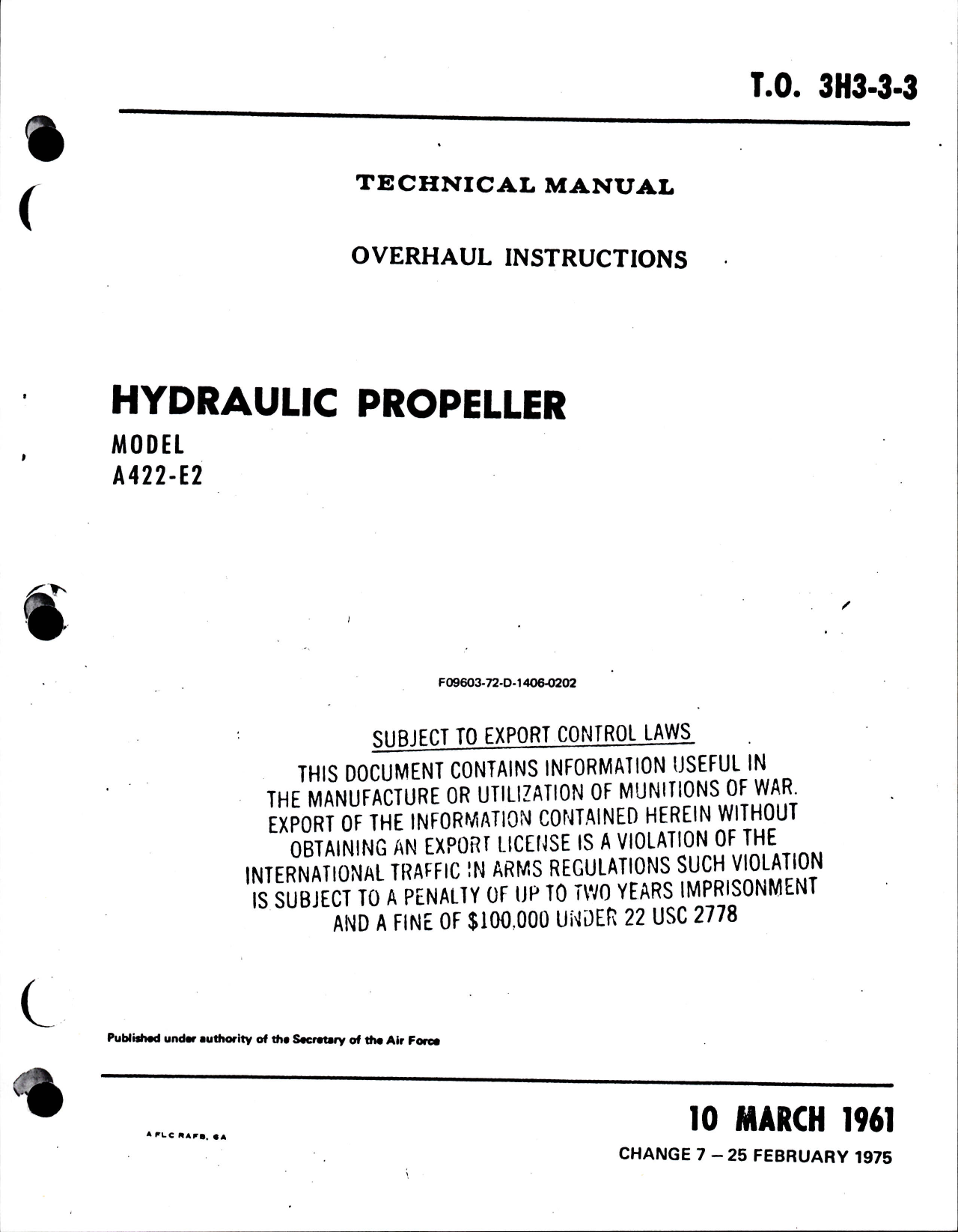 Sample page 1 from AirCorps Library document: Overhaul Instructions for Hydraulic Propeller Model A422-E2