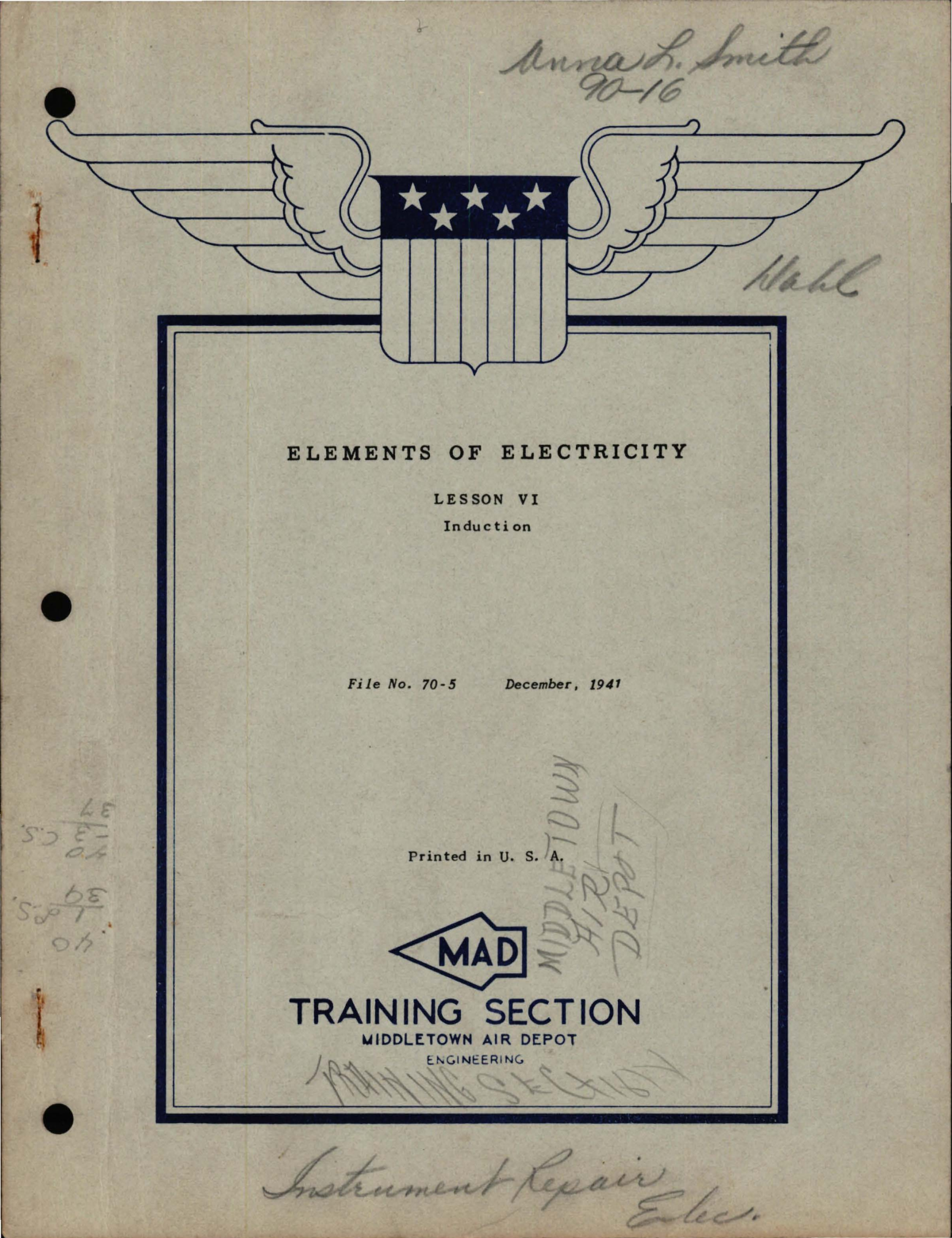 Sample page 1 from AirCorps Library document: Elements of Electricity for Induction -  Lesson VI 