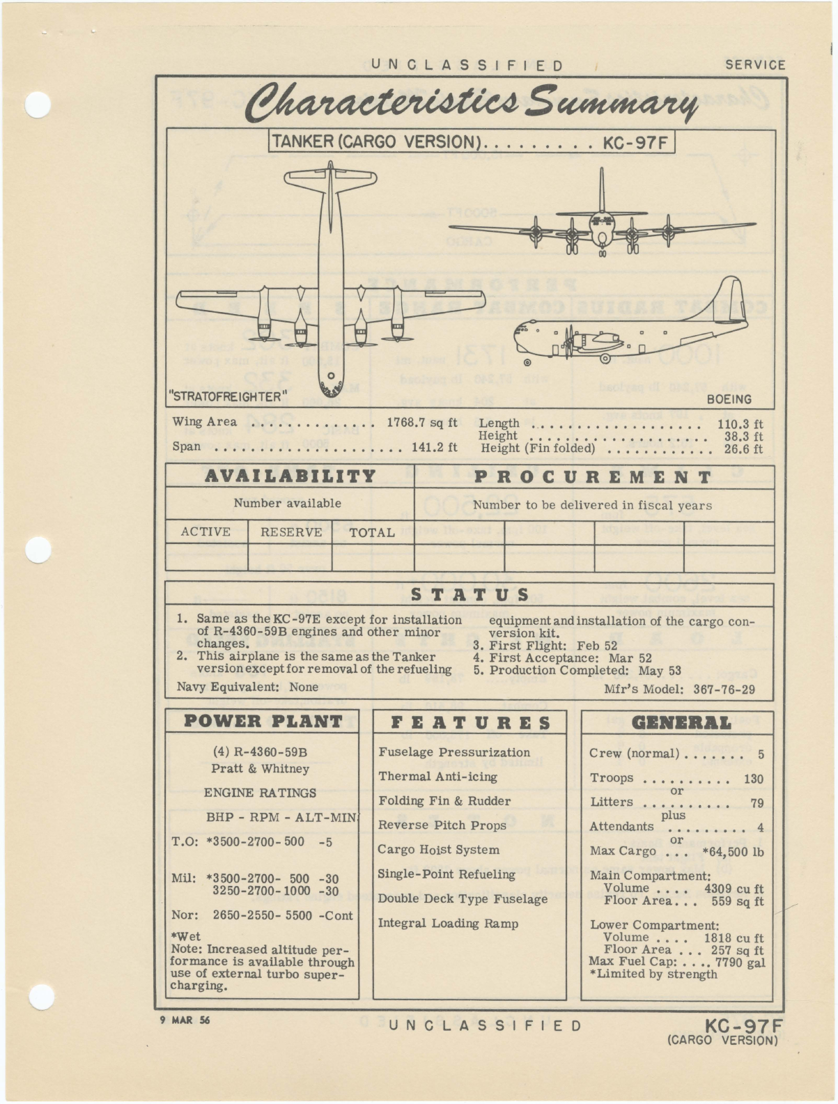 Sample page 1 from AirCorps Library document: KC-97F Boeing Stratofreighter - Tanker (Cargo Version) - Characteristics Summary