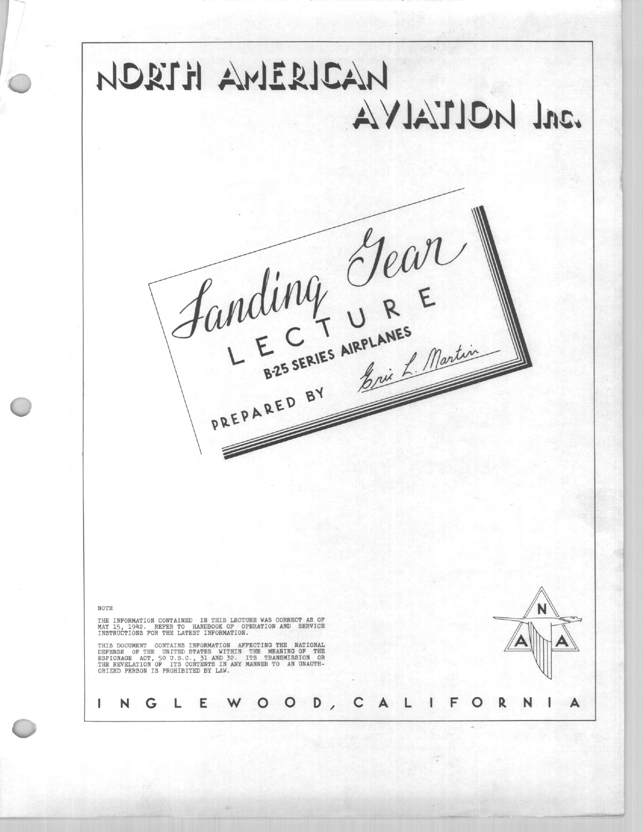 Sample page 1 from AirCorps Library document: General Airplane Lectures B-25 North American Aviation Lectures 9-15