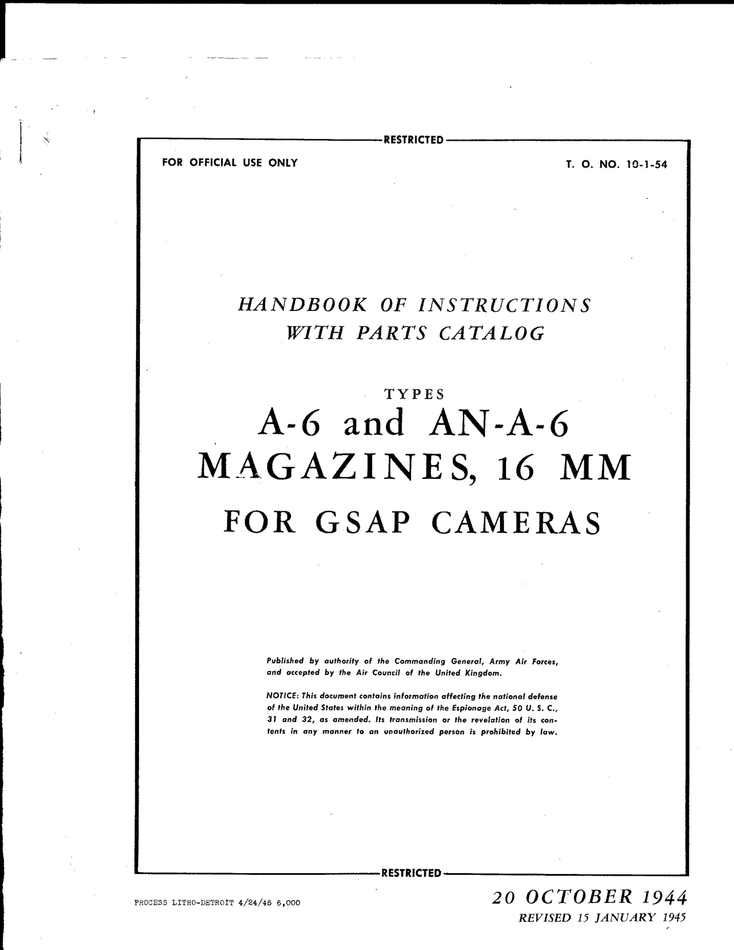 Sample page 1 from AirCorps Library document: Handbook for A-6 & AN-A-6 Magazines for 16MM GSAP Cameras
