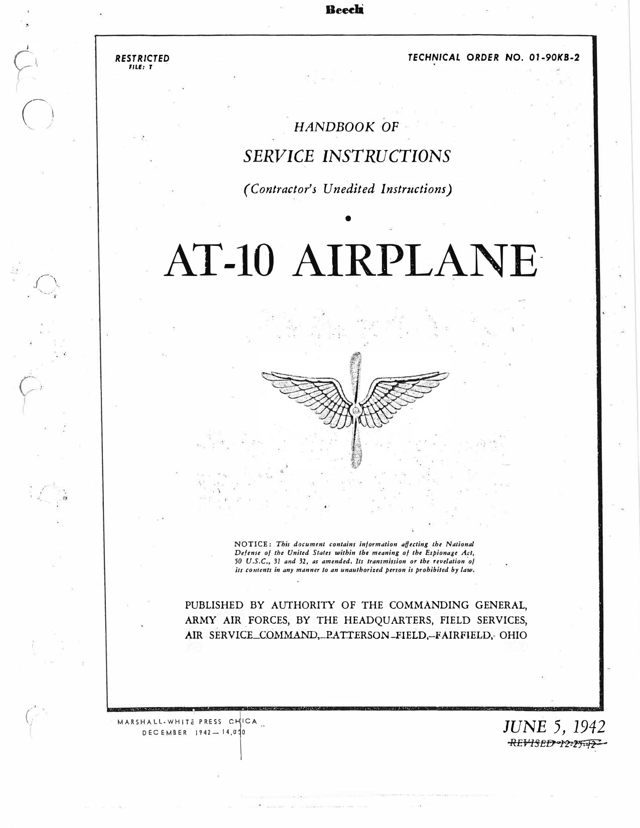 Sample page 1 from AirCorps Library document: Handbook of Service Instructions: AT-10