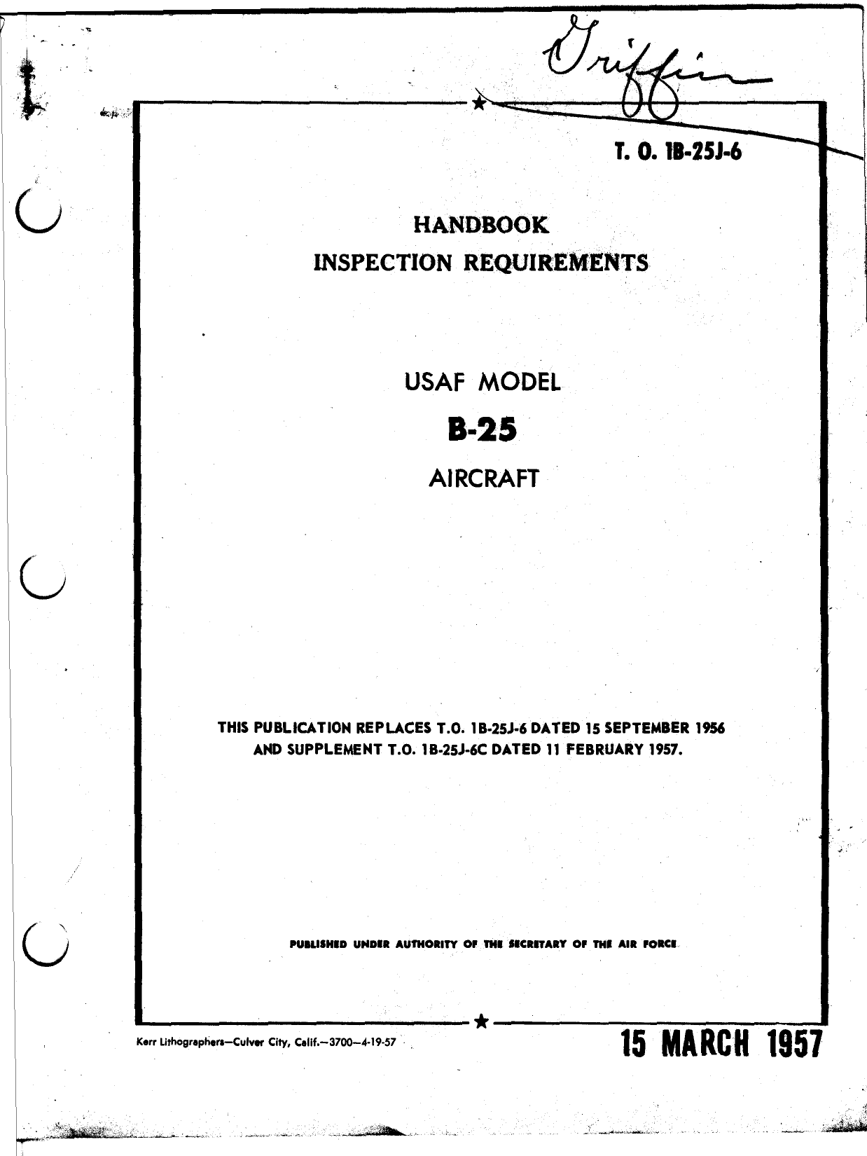 Sample page 1 from AirCorps Library document: Handbook Inspection Requirements - B-25