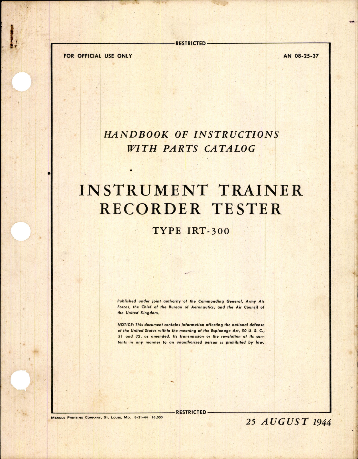 Sample page 1 from AirCorps Library document: Instrument Trainer Recorder Tester Type IRT-300