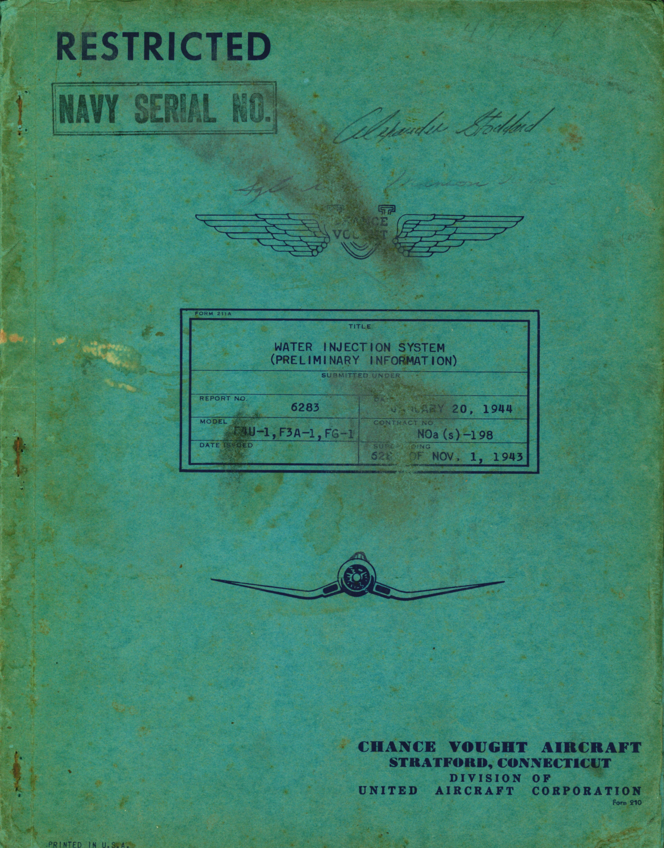 Sample page 1 from AirCorps Library document: Preliminary Information for F4U-1, F3A-1 and FG-1 Water Injection System