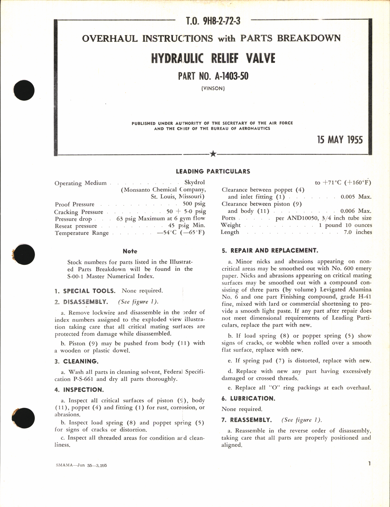 Sample page 1 from AirCorps Library document: Overhaul Instructions with Parts Breakdown for Hydraulic Relief Valve Part No. A-1403-50