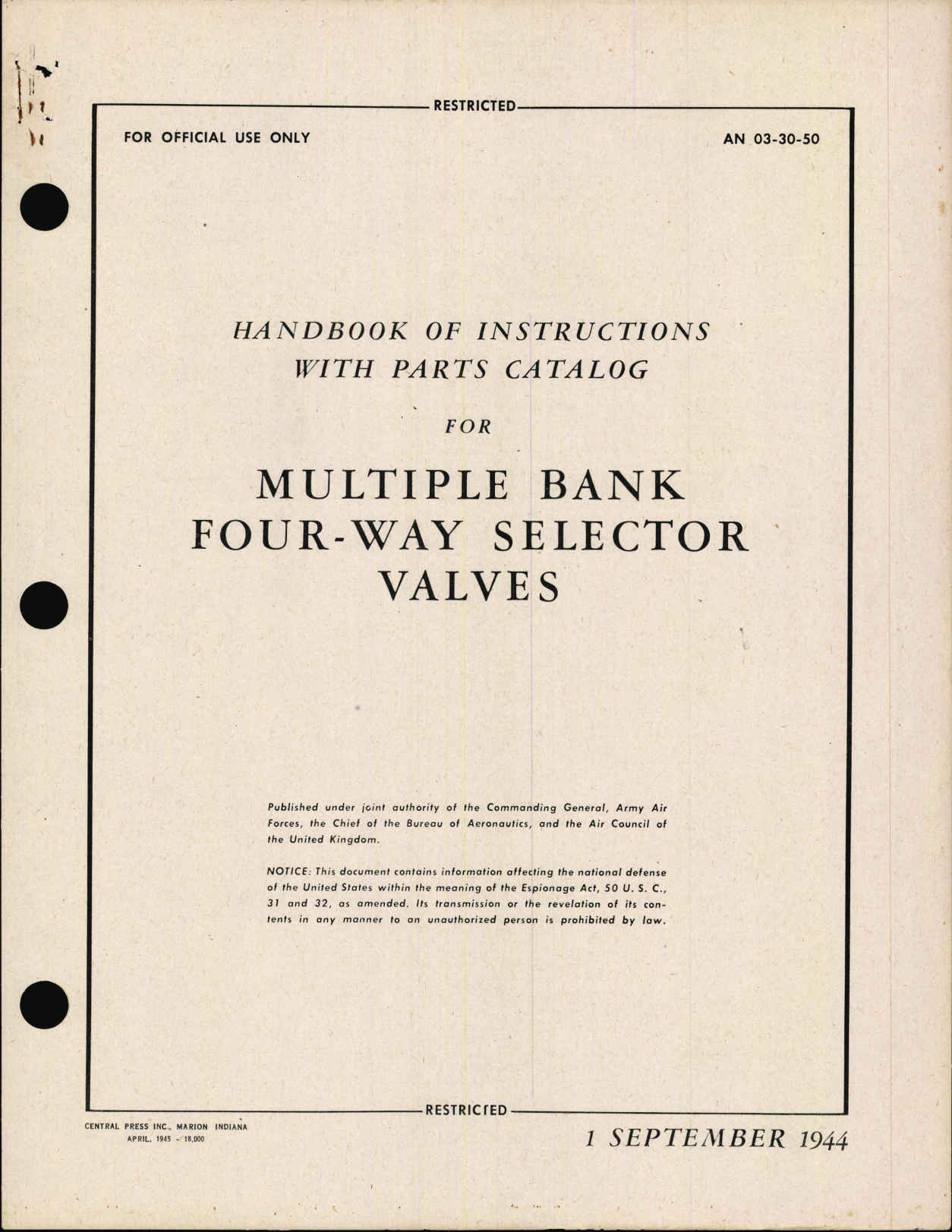 Sample page 1 from AirCorps Library document: Handbook of Instructions With Parts Catalog for Multiples Bank Four-Way Selector Valves