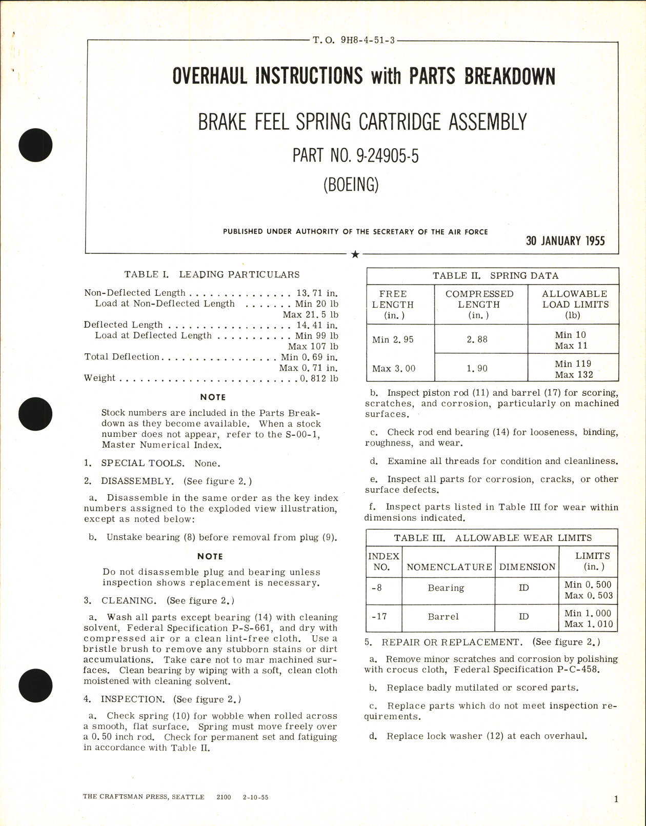 Sample page 1 from AirCorps Library document: Overhaul Instructions with Parts Breakdown for Brake Feel Spring Cartridge Assembly Part No. 9-24905-5