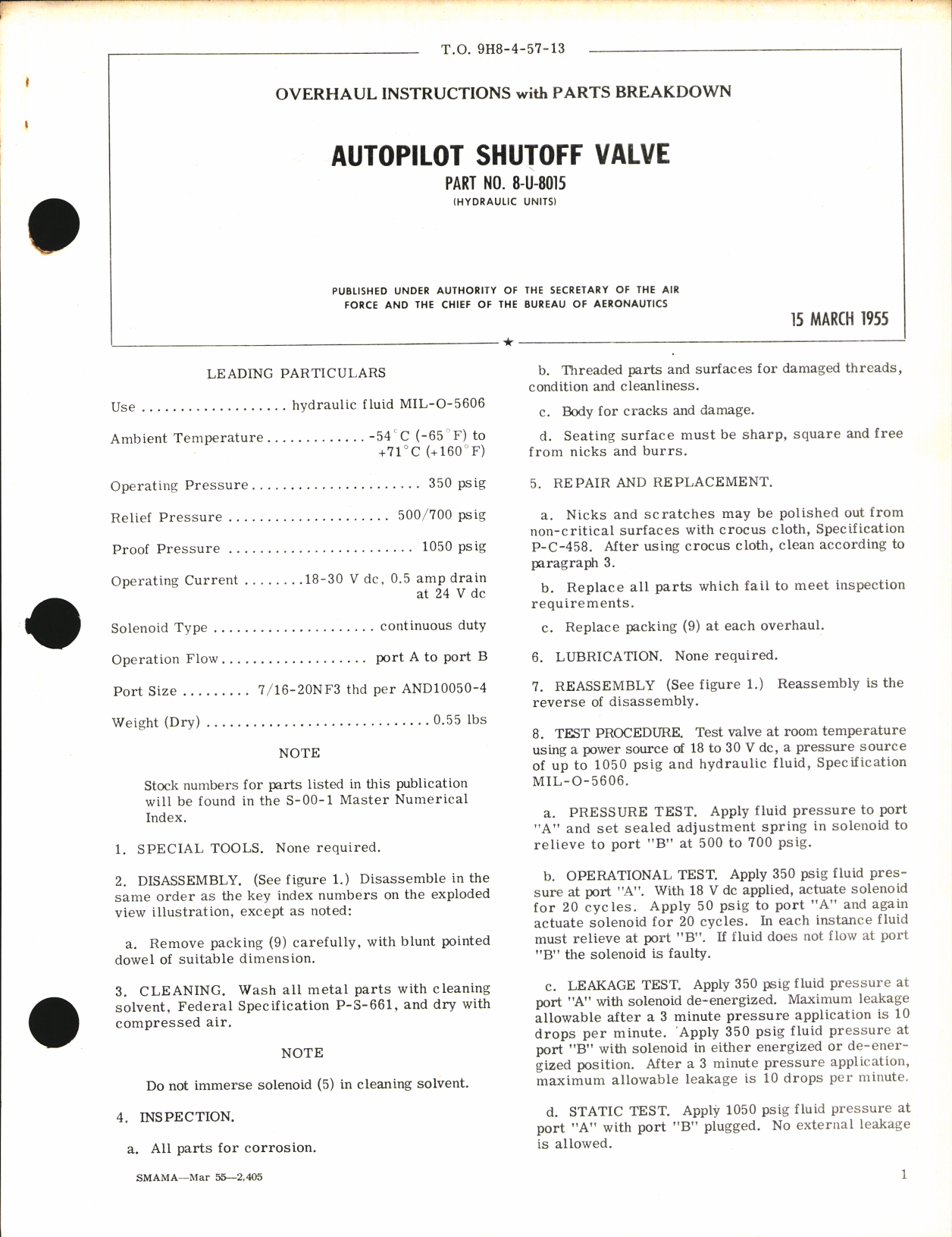 Sample page 1 from AirCorps Library document: Overhaul Instructions with Parts Breakdown for Autopilot Shutoff valve Part No. 8-U-8015