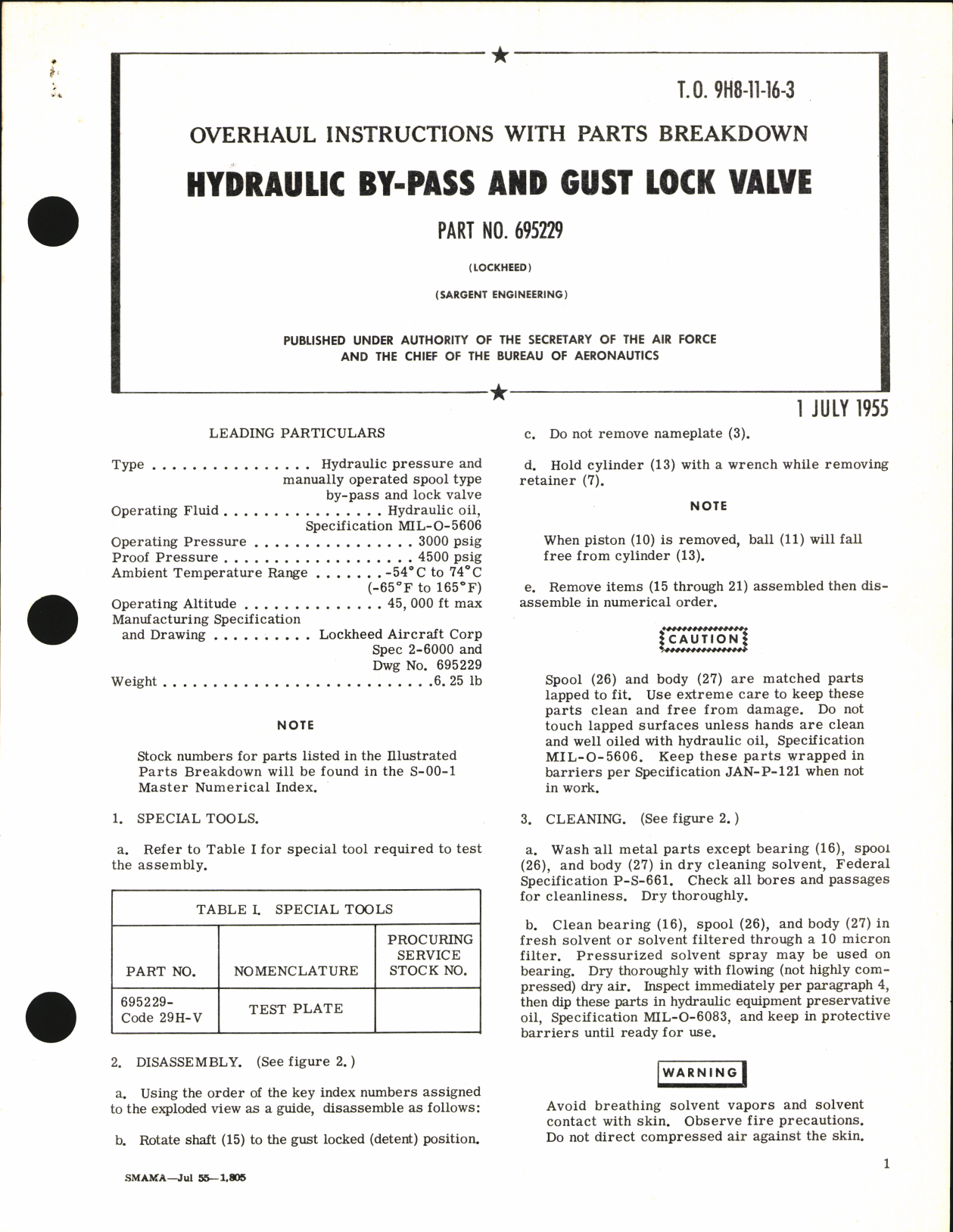 Sample page 1 from AirCorps Library document: Overhaul Instructions with Parts Breakdown for Hydraulic By-Pass and Gust Lock Valve Part No. 695229