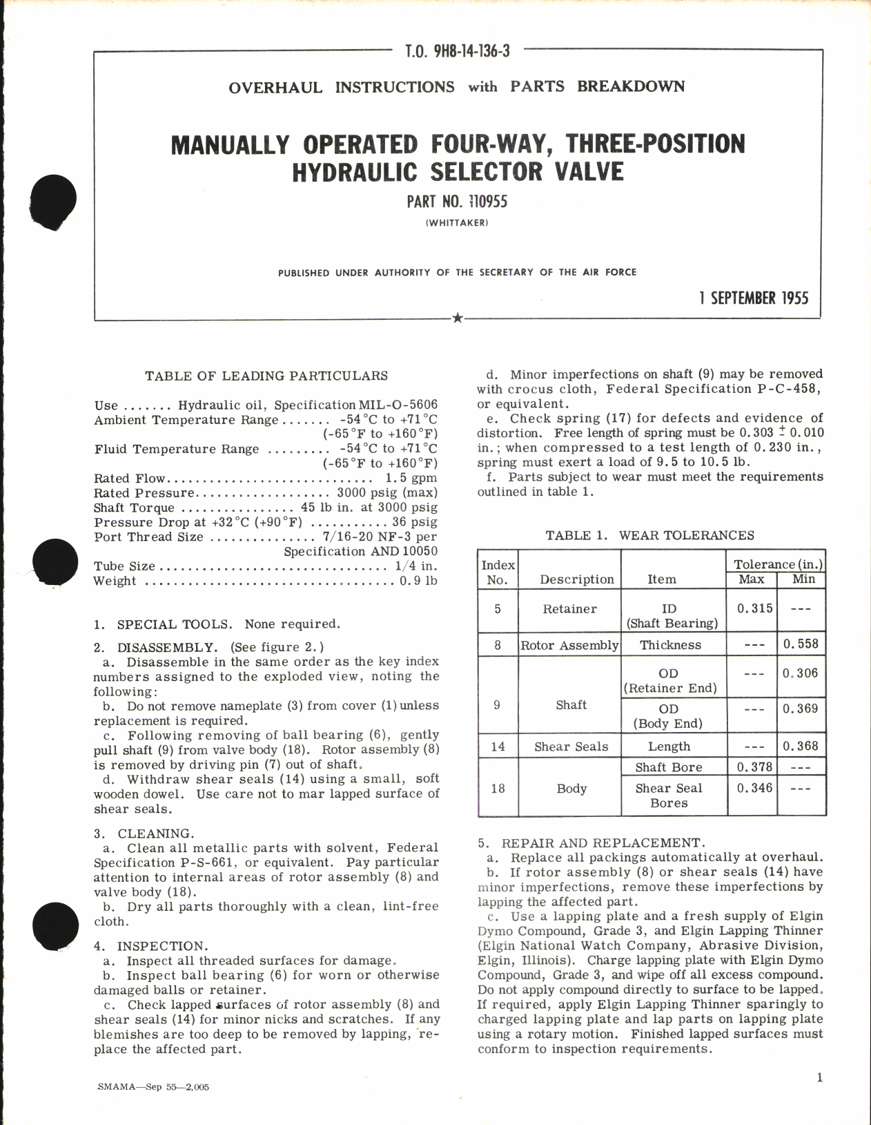 Sample page 1 from AirCorps Library document: Overhaul Instructions with Parts Breakdown for Manually Operated Four-Way, Three-Position Hydraulic Selector Valve Part No. 110955