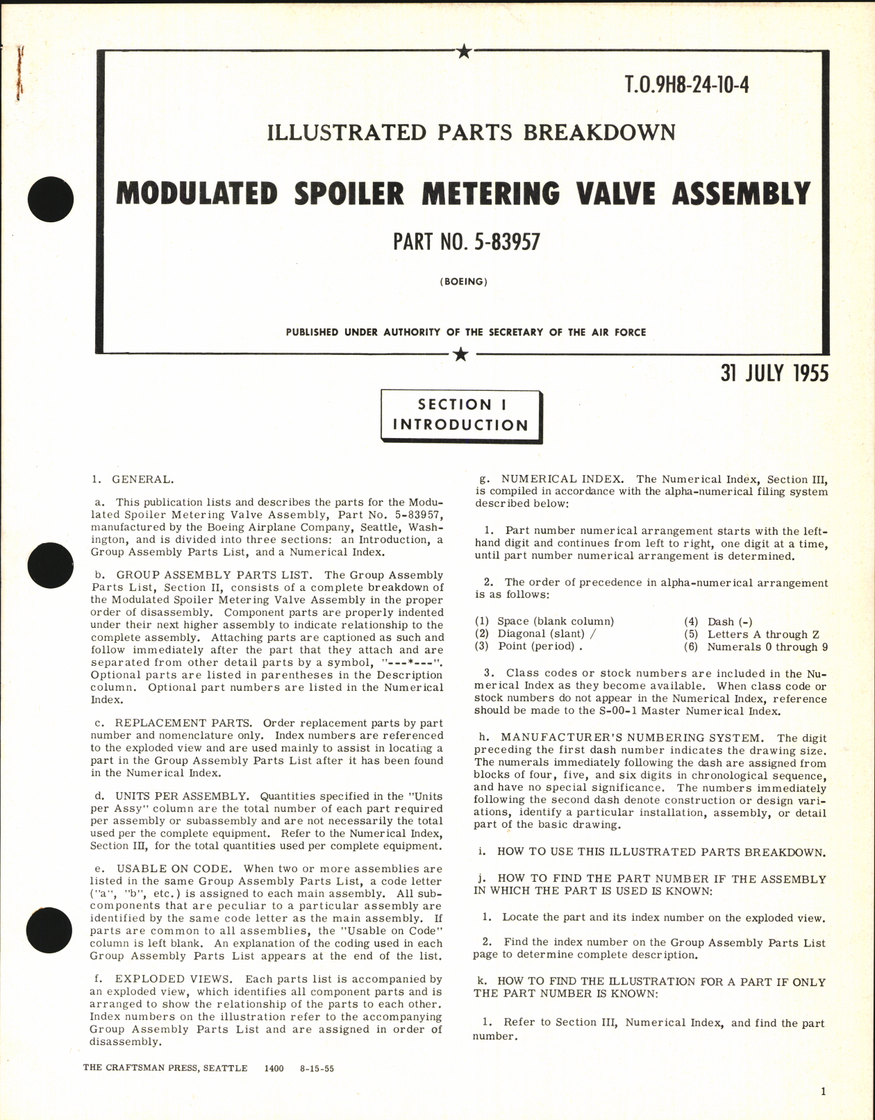 Sample page 1 from AirCorps Library document: Illustrated Parts Breakdown for Modulated Spoiler Metering Valve Assembly Part No. 5-83957