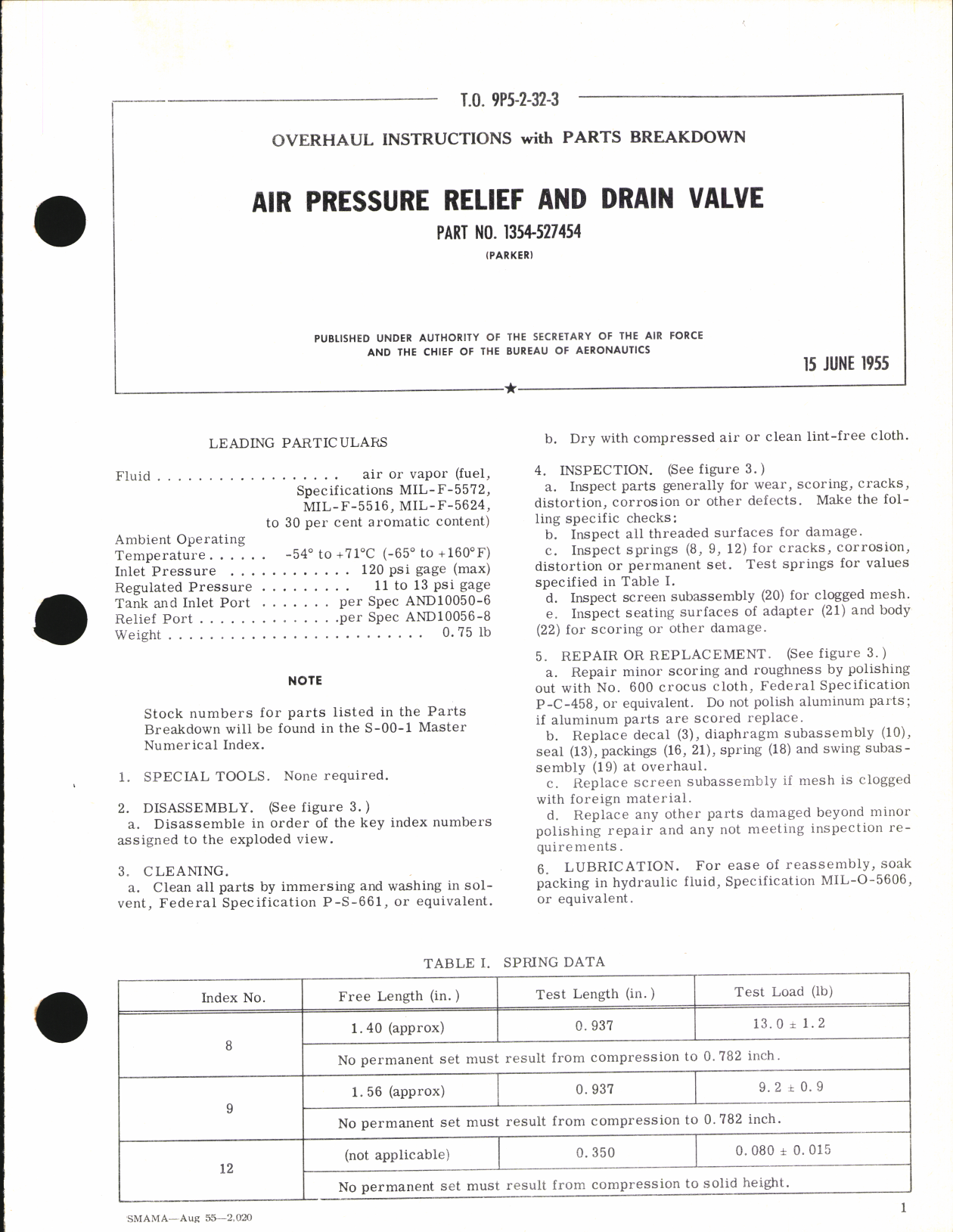 Sample page 1 from AirCorps Library document: Overhaul Instructions with Parts Breakdown for Air Pressure relief and Drain Valve Part No. 1354-527454