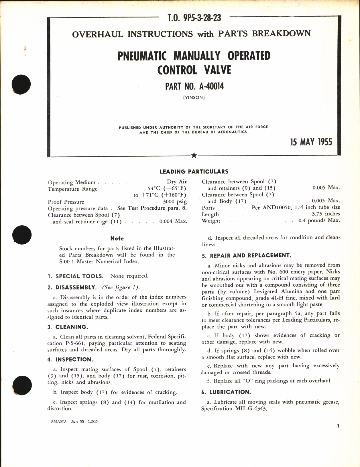 Sample page 1 from AirCorps Library document: Overhaul Instructions with Parts Breakdown for Pneumatic Manually Operated Control Valve Part No. A-40014