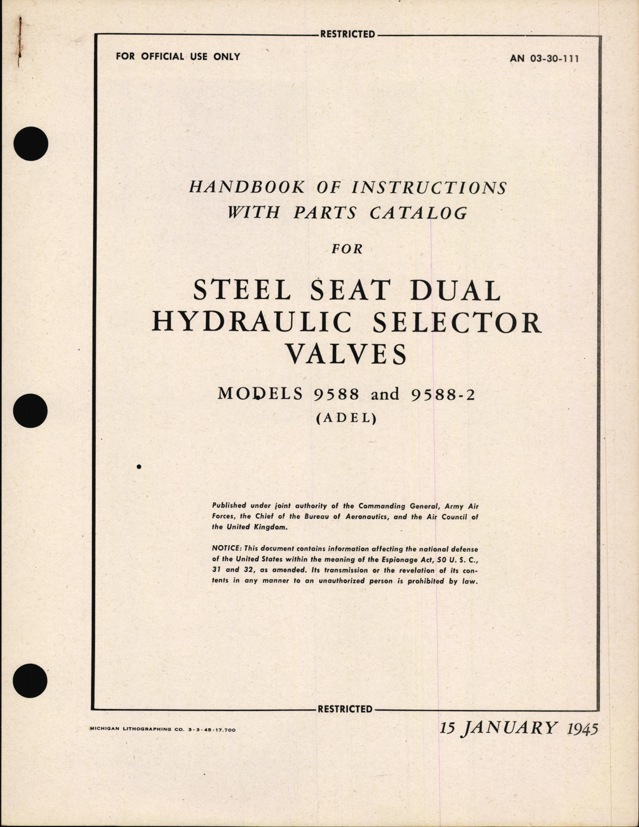 Sample page 1 from AirCorps Library document: Handbook of Instructions with Parts Catalog for Steel Seat Hydraulic Selector Valves