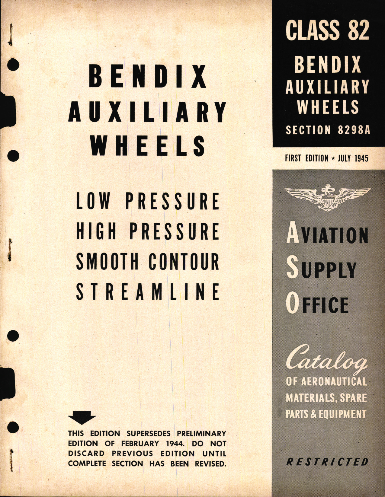 Sample page 1 from AirCorps Library document: Bendix Auxiliary wheels, Low Pressure, High Pressure, Smooth Contour, Streamline