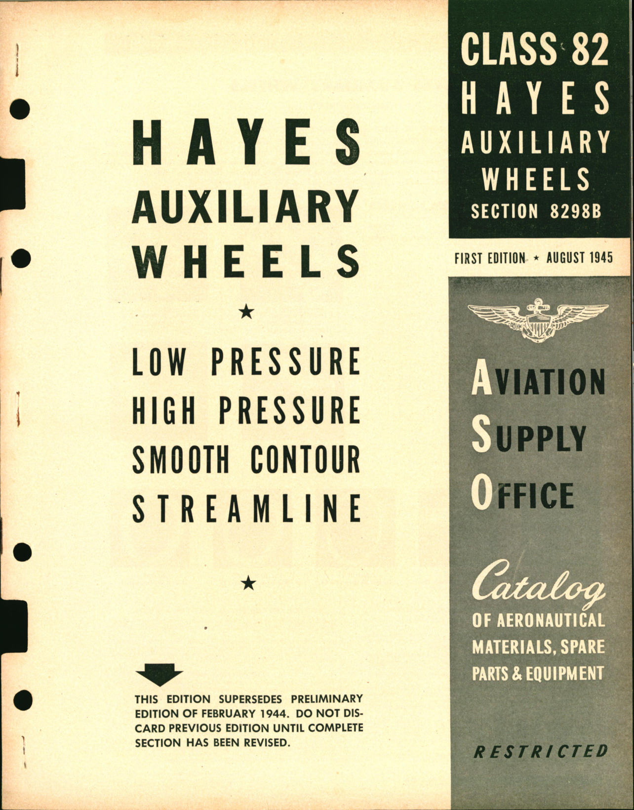 Sample page 1 from AirCorps Library document: Hayes Auxiliary Wheels, Low Pressure, High Pressure, Smooth Contour, Streamline