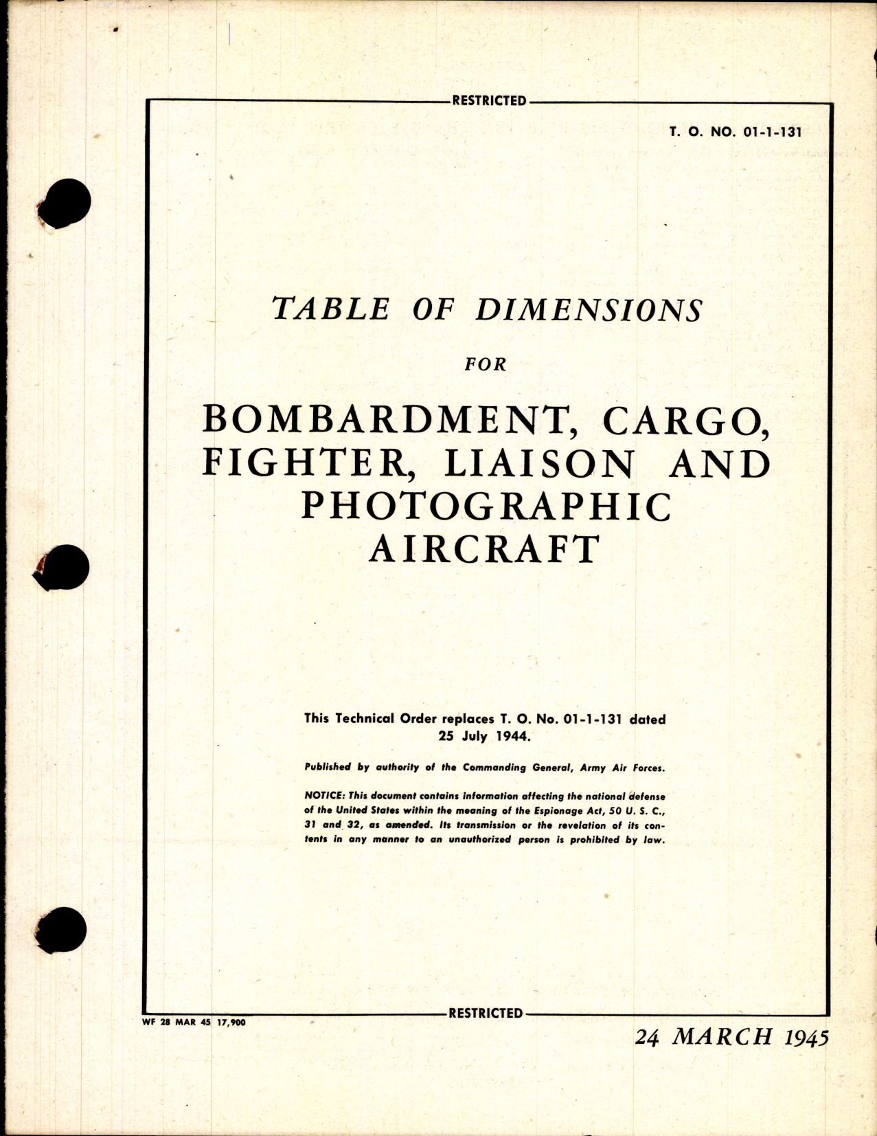 Sample page 1 from AirCorps Library document: Table of Dimensions for Bombardment, Cargo, fighter, Liaison and Photographic Aircraft