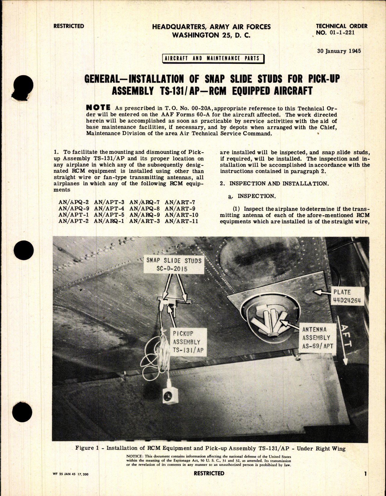 Sample page 1 from AirCorps Library document: Aircraft and Maintenance Parts; Installation of Snap Slide Studs for Pick-Up Assembly TS=131/AP-RCM Equipped Aircraft