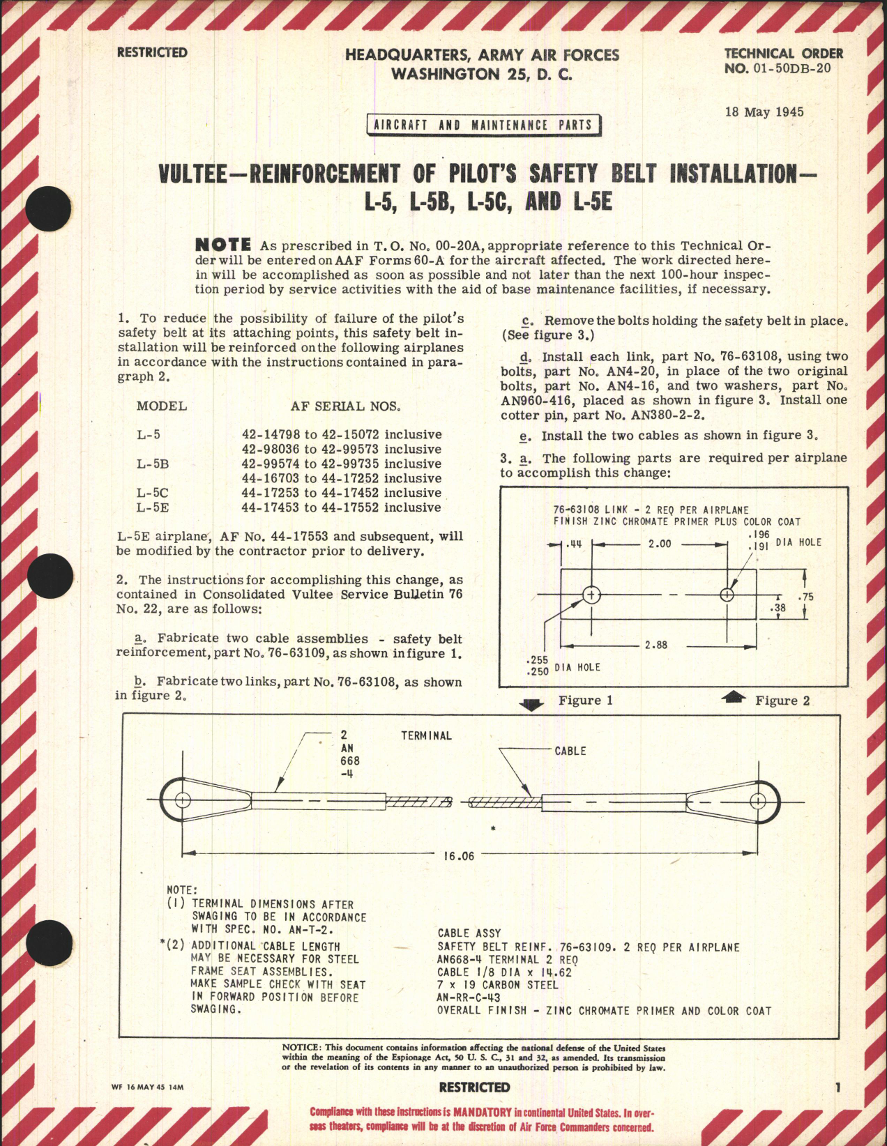 Sample page 1 from AirCorps Library document: Reinforcement of Pilot's Safety Belt Installation for L-5, L-5B, L-5C, and L-5E