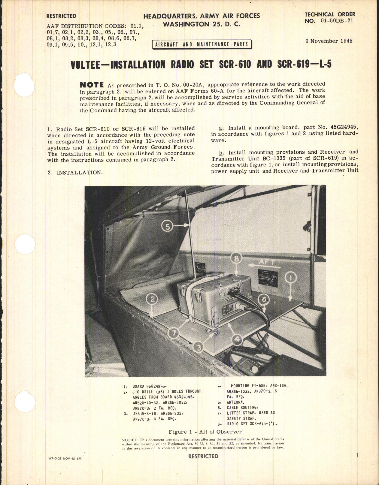 Sample page 1 from AirCorps Library document: Installation Radio Set SCR-610 and SCR-619 for L-5