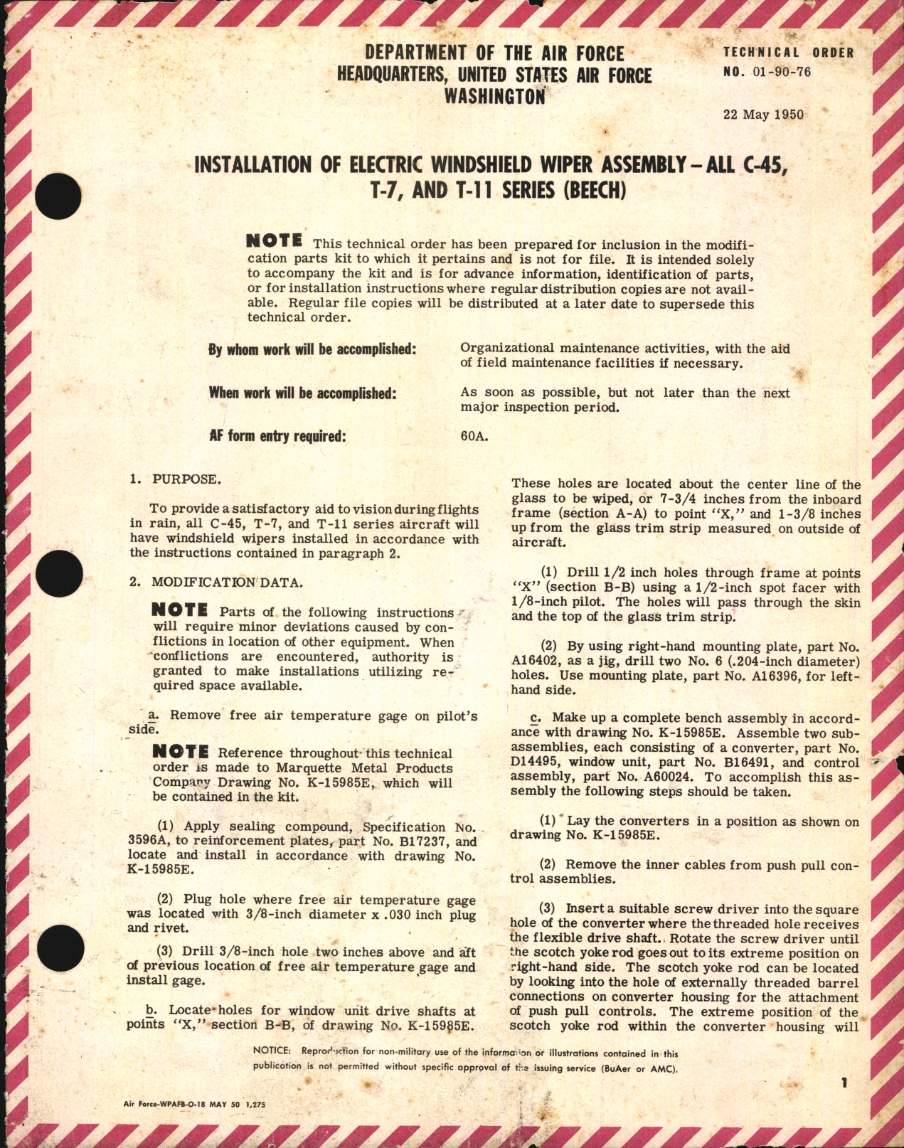 Sample page 1 from AirCorps Library document: Installation of Electric Windshield Wiper Assembly for All C-45, T-7, and T-11 Series