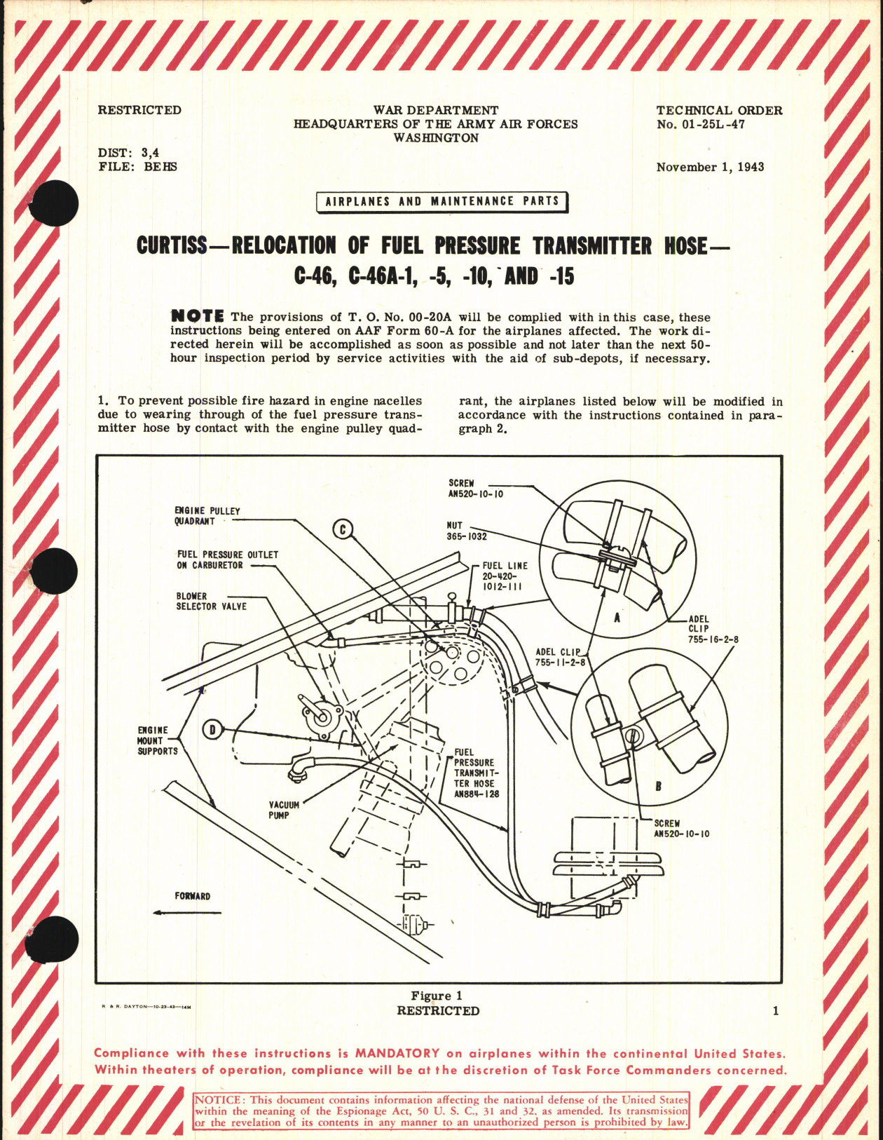 Sample page 1 from AirCorps Library document: Relocation of Fuel Pressure Transmitter Hose for C-46, C-46A-1, -5, -10, and -15