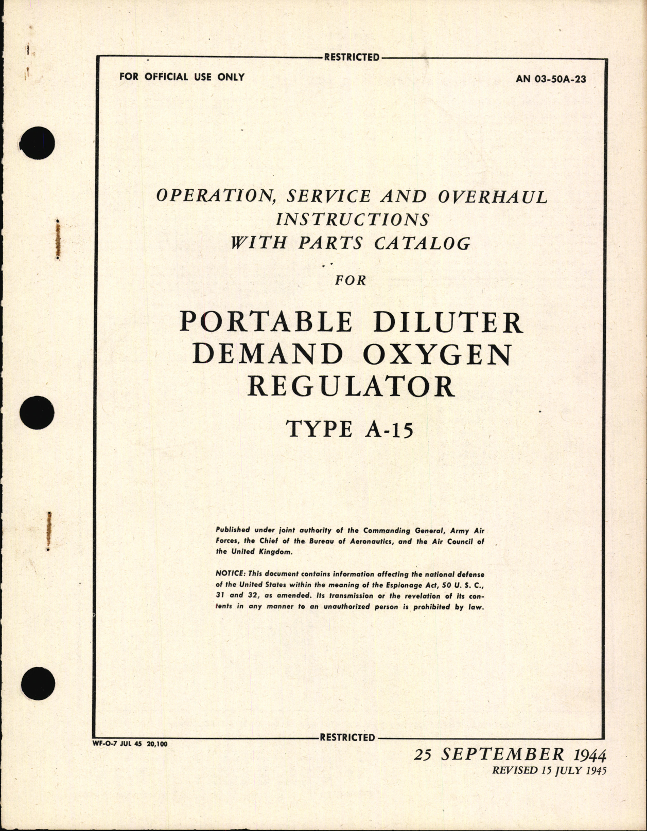 Sample page 1 from AirCorps Library document: Operation, Service and Overhaul Instructions for Portable Diluter Demand Oxygen Regulator Type A-15