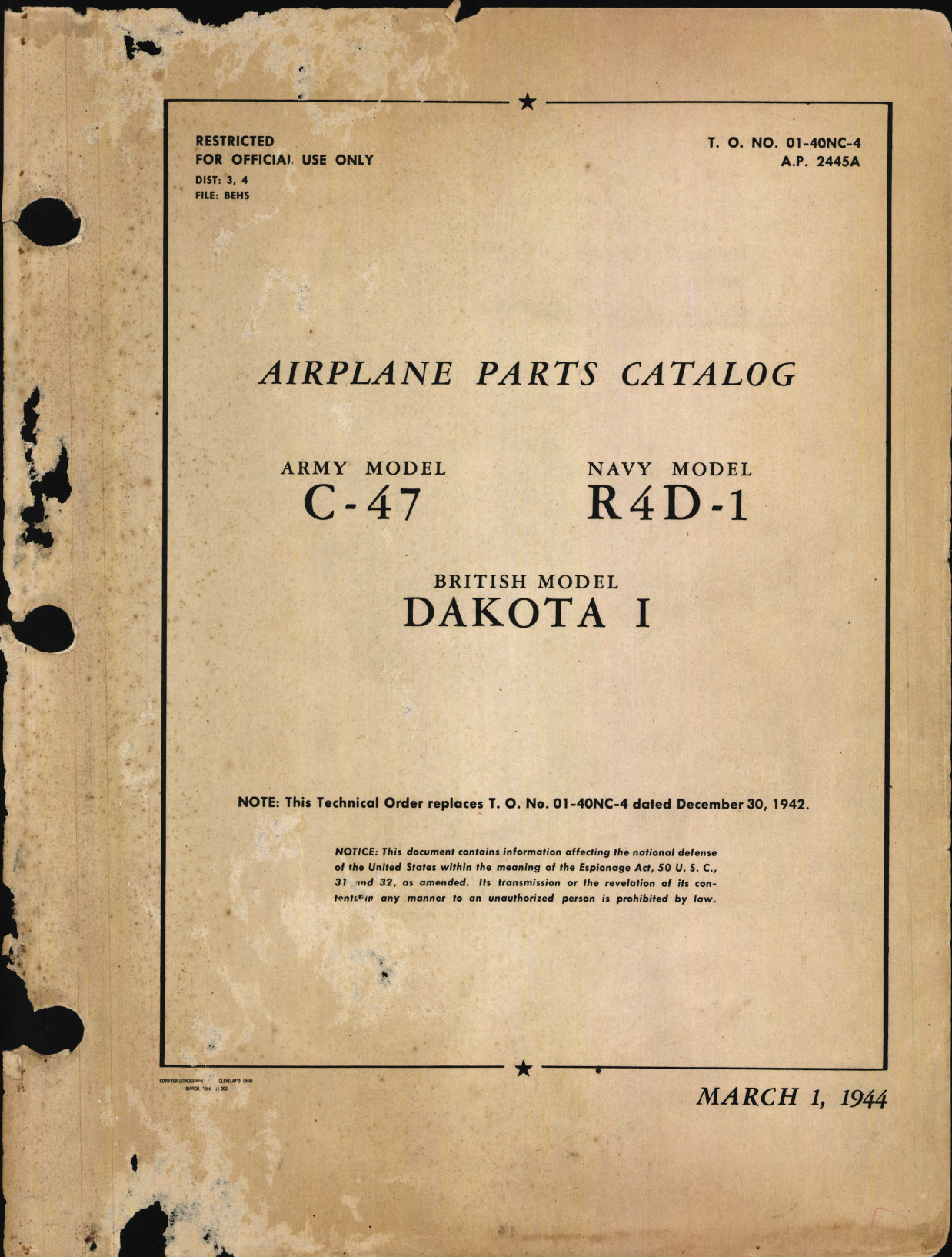 Sample page 1 from AirCorps Library document: Parts Catalog for C-47, R4D-1, and Dakota I