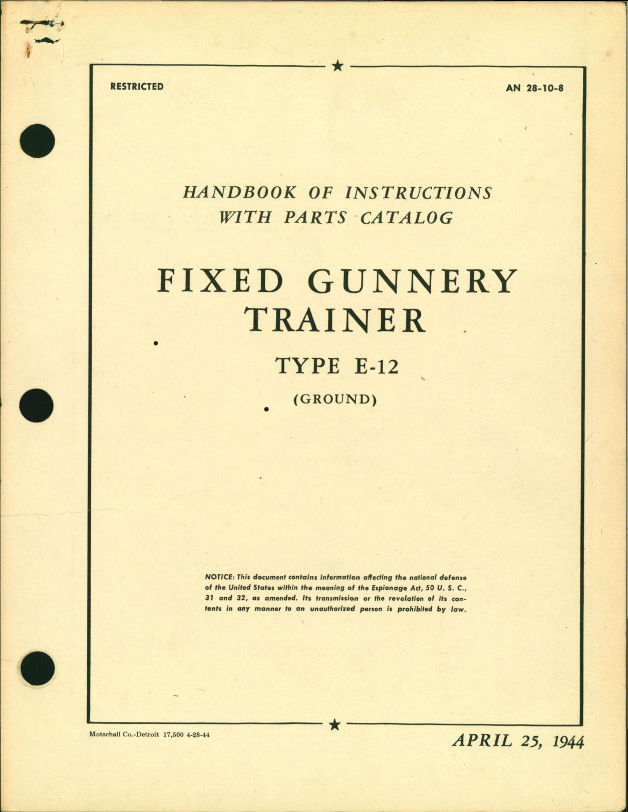 Sample page 1 from AirCorps Library document: Handbook of Instructions with Parts Catalog for Fixed Gunnery Trainer Type E-12 (Ground)