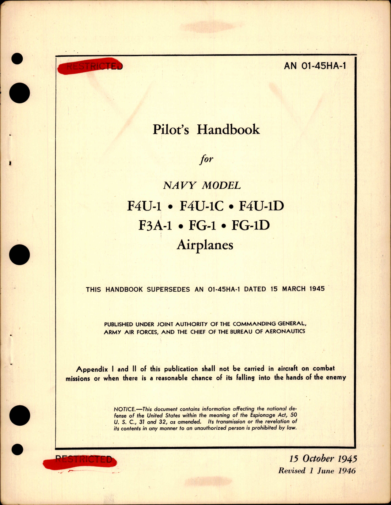 Sample page 1 from AirCorps Library document: Pilot's Handbook for F4U-1, F4U-1C, F4U-1D, F3A-1, FG-1, FG-1D