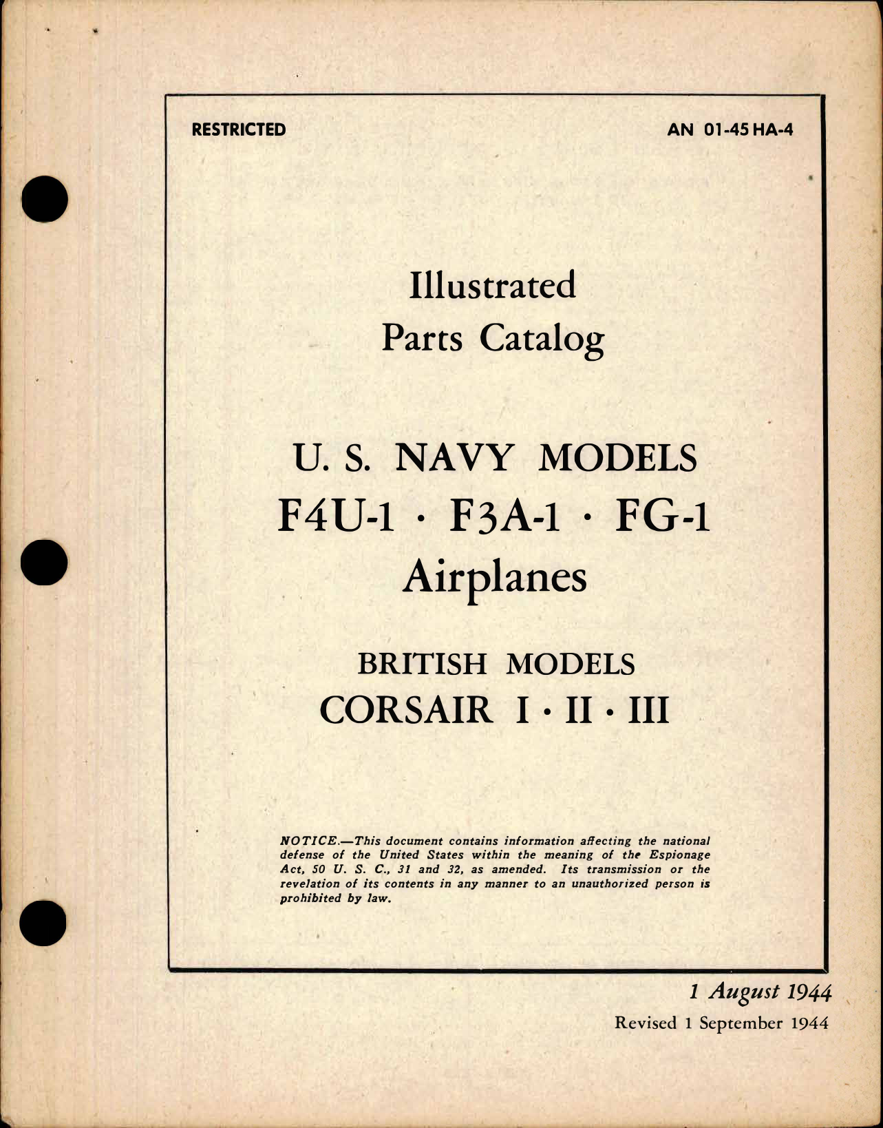 Sample page 1 from AirCorps Library document: Parts Catalog for Navy Models F4U-1, F3A-1, FG-1, and British Models Corsair I - II - III