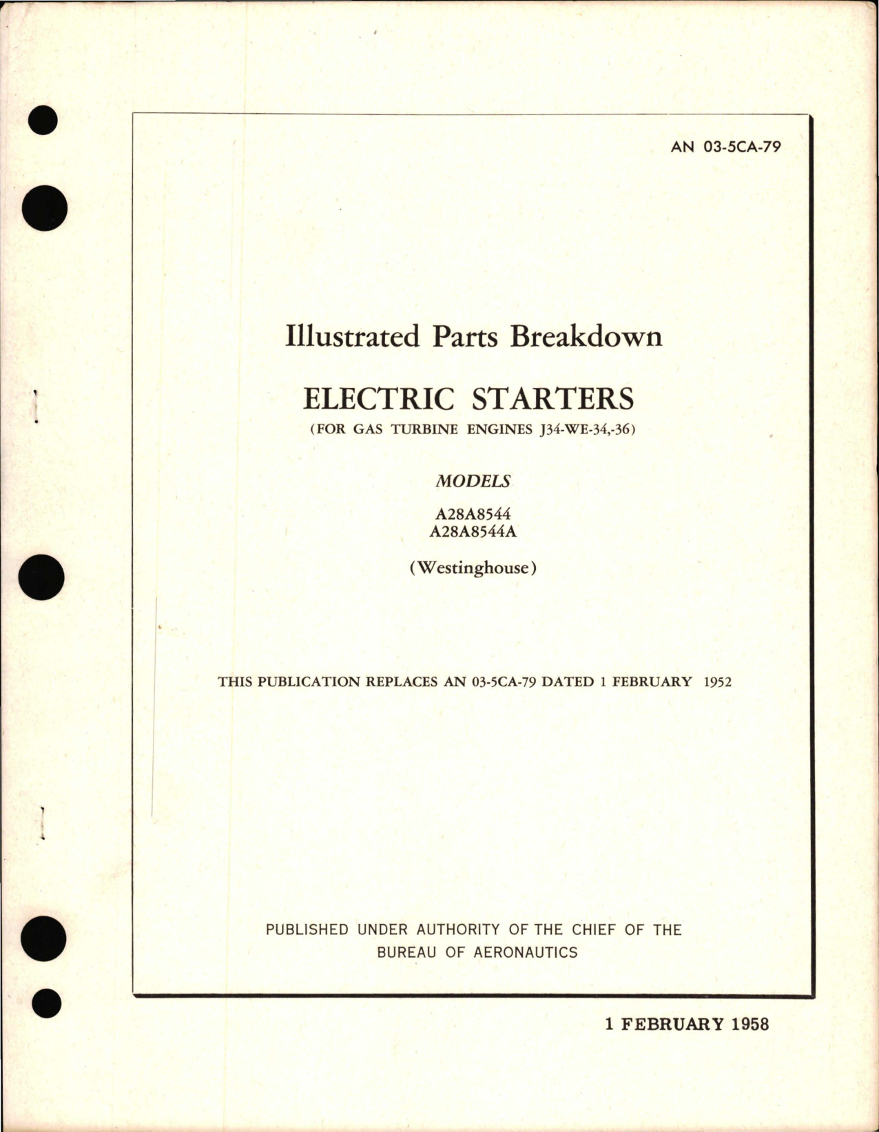 Sample page 1 from AirCorps Library document: Illustrated Parts Breakdown for Electric Starters Models A28A8544 and A28A8544A 