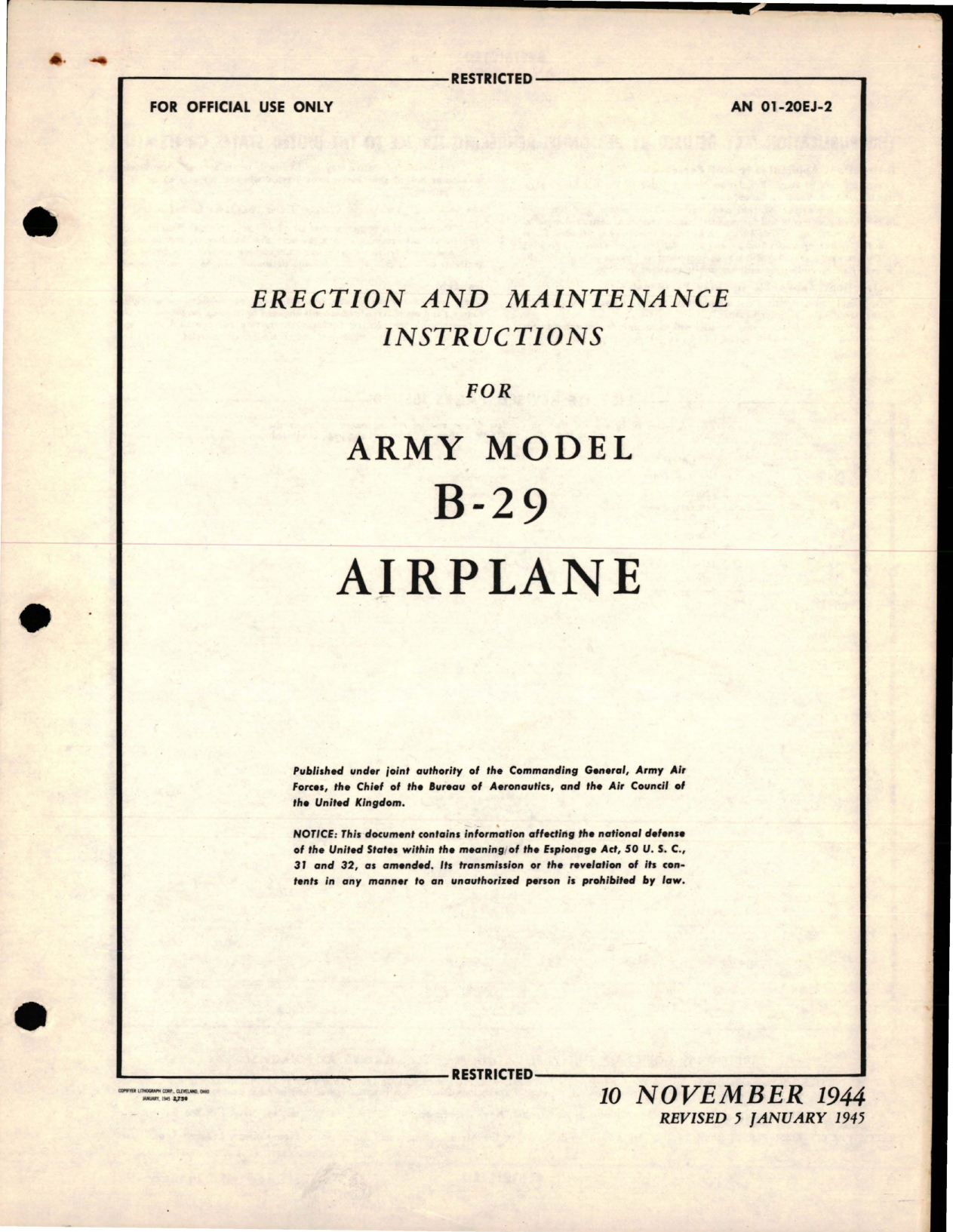 Sample page 1 from AirCorps Library document: Erection and Maintenance Instructions for B-29