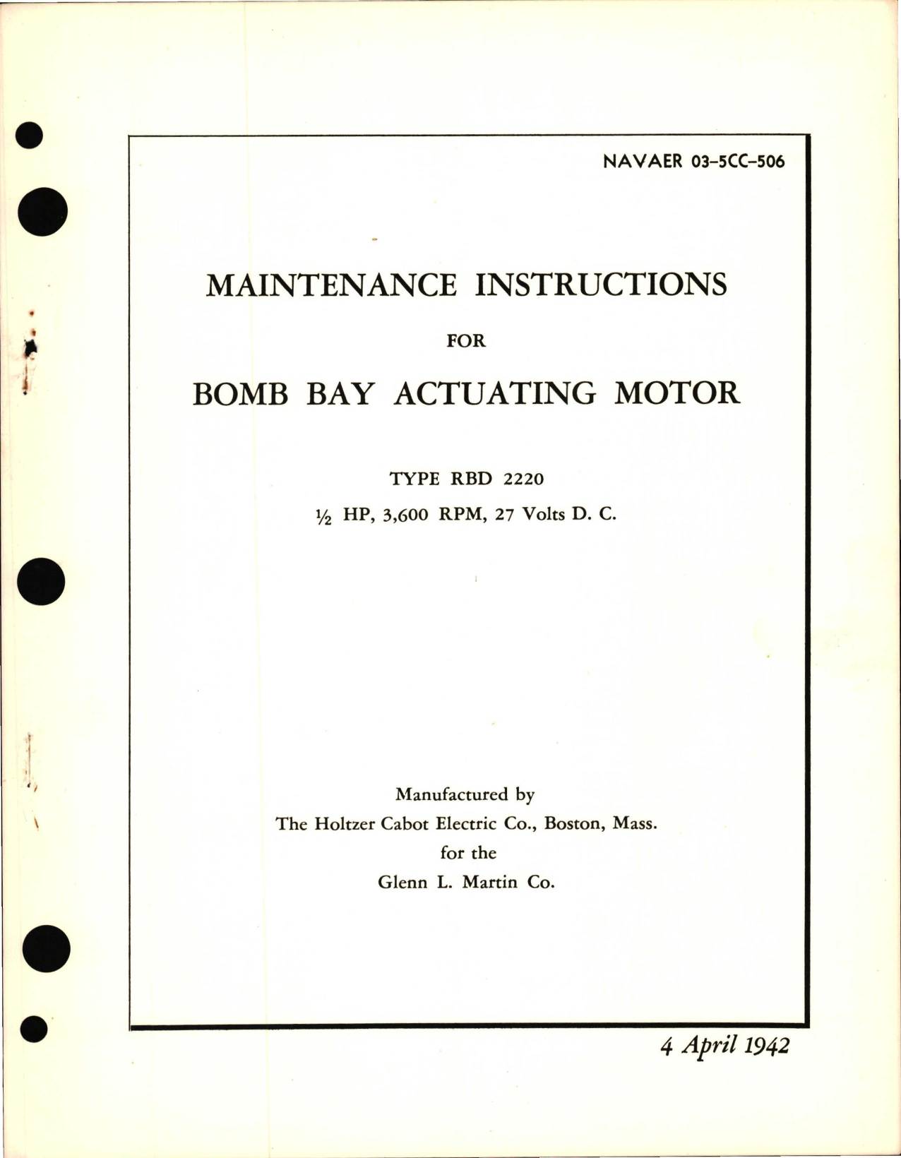Sample page 1 from AirCorps Library document: Maintenance Instructions for Bomb Bay Actuating Motor Type RBD 2220 