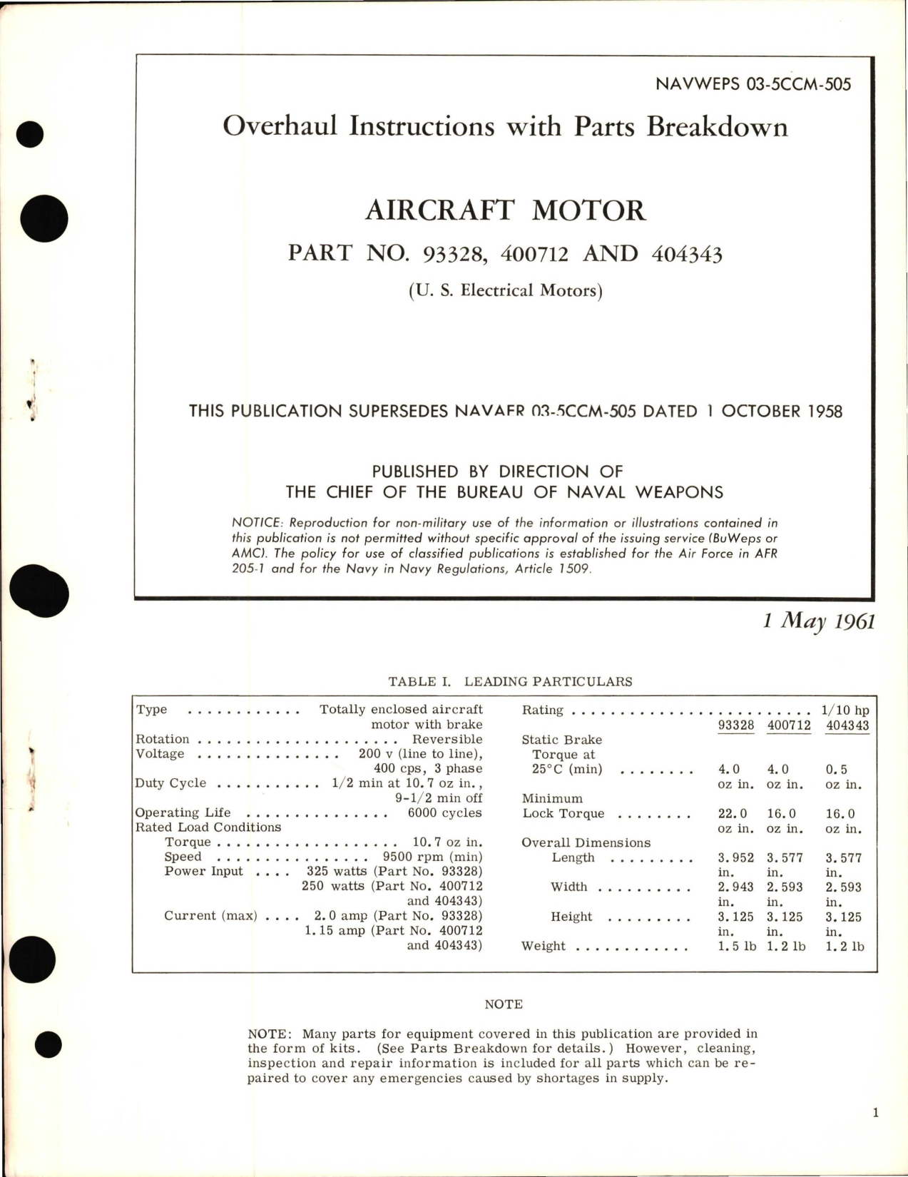 Sample page 1 from AirCorps Library document: Overhaul Instructions with Parts Breakdown for  Aircraft Motor - Part 93328, 400712 and 404343