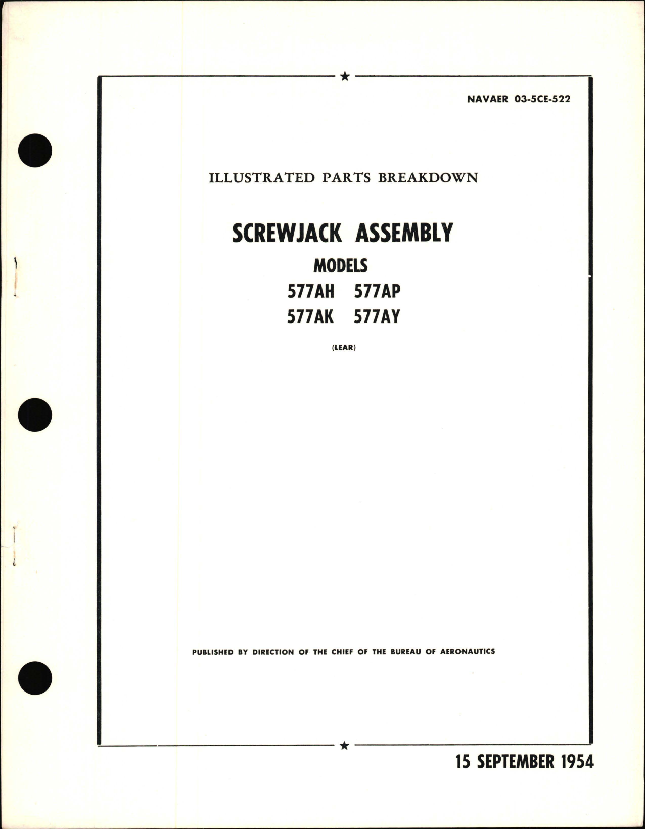 Sample page 1 from AirCorps Library document: Illustrated Parts Breakdown for Screwjack Assembly - Models 577AH, 577AK, 577AP and 577AY 