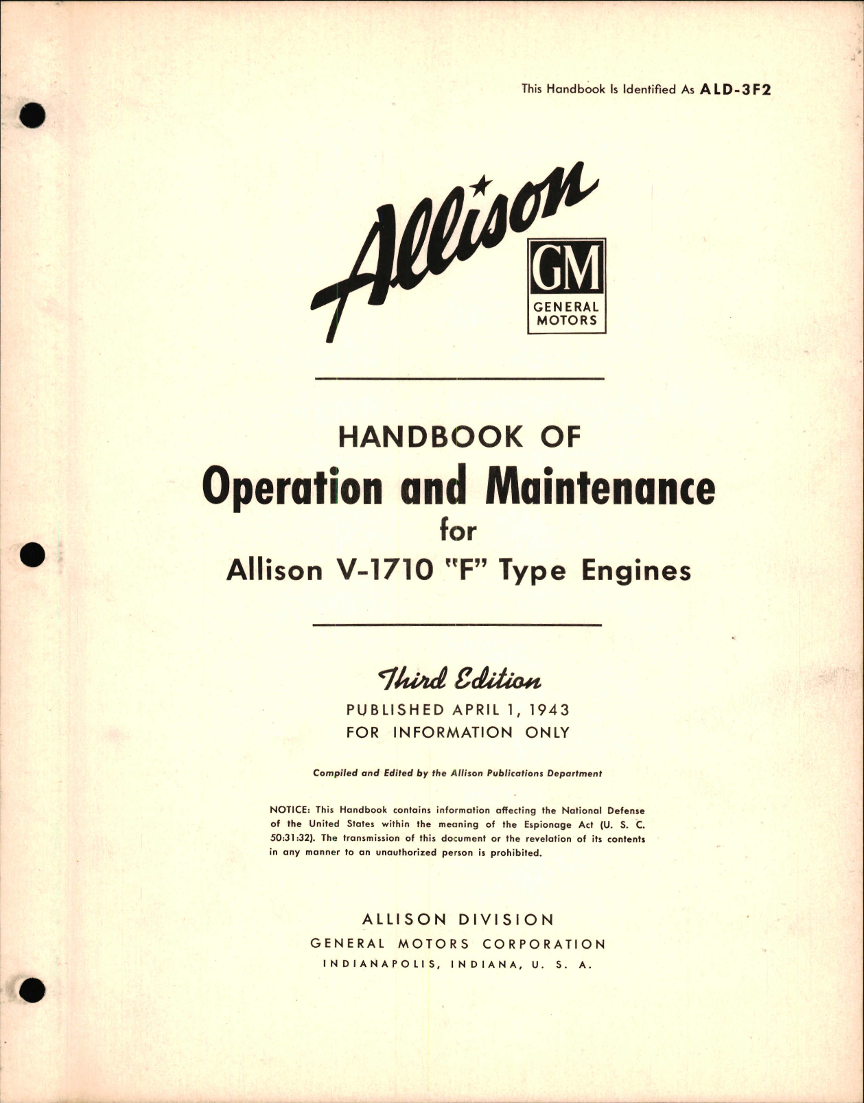 Sample page 1 from AirCorps Library document: Operation and Maintenance for Allison V-1710 F Type Engines