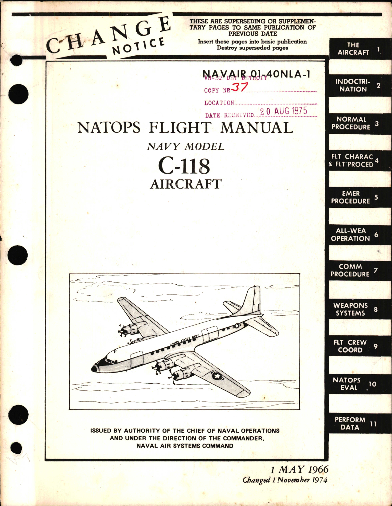 Sample page 1 from AirCorps Library document: NATOPS Flight Manual for Navy Model C-118 