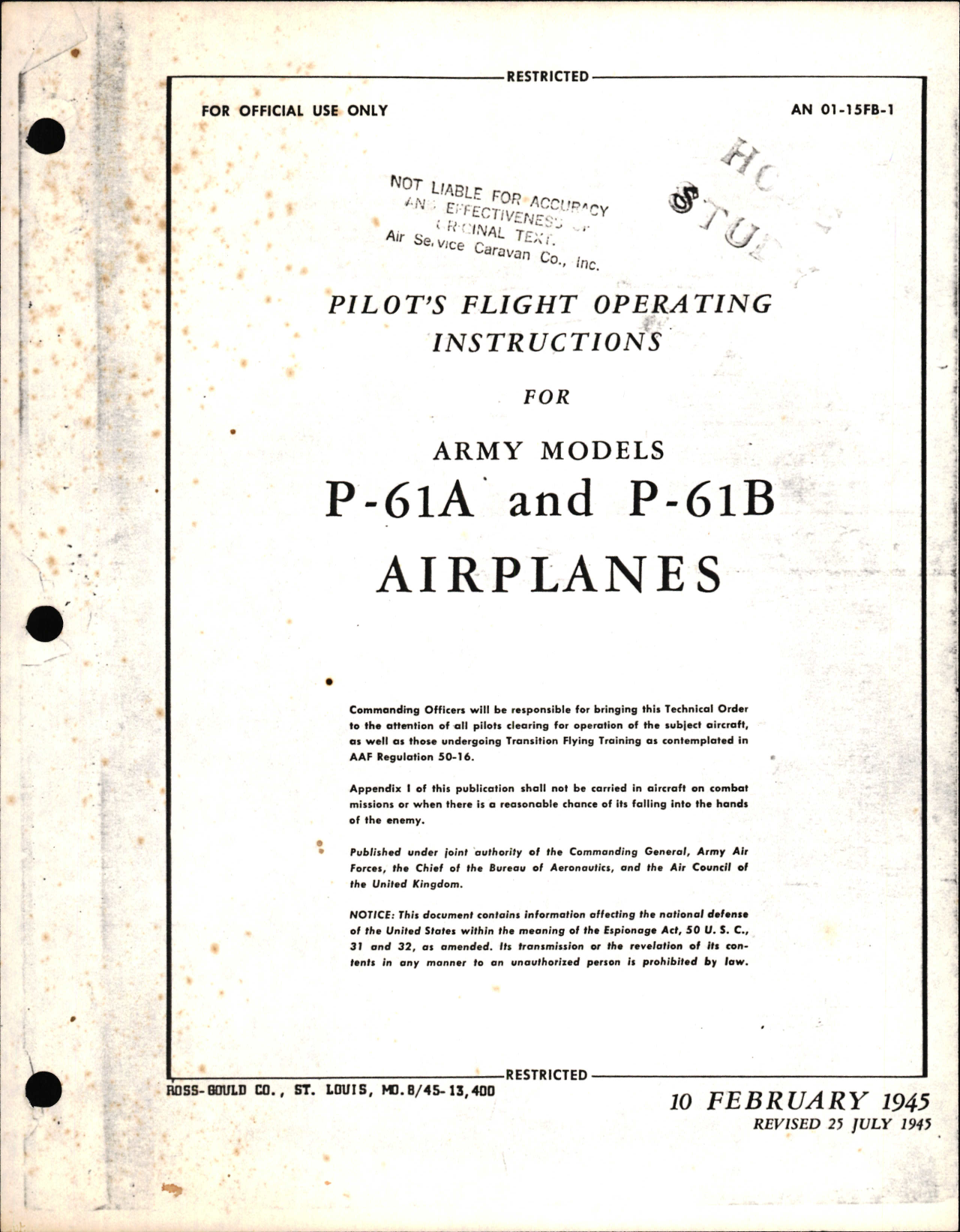 Sample page 1 from AirCorps Library document: Pilot's Flight Operating Instructions for P-61A and P-61B