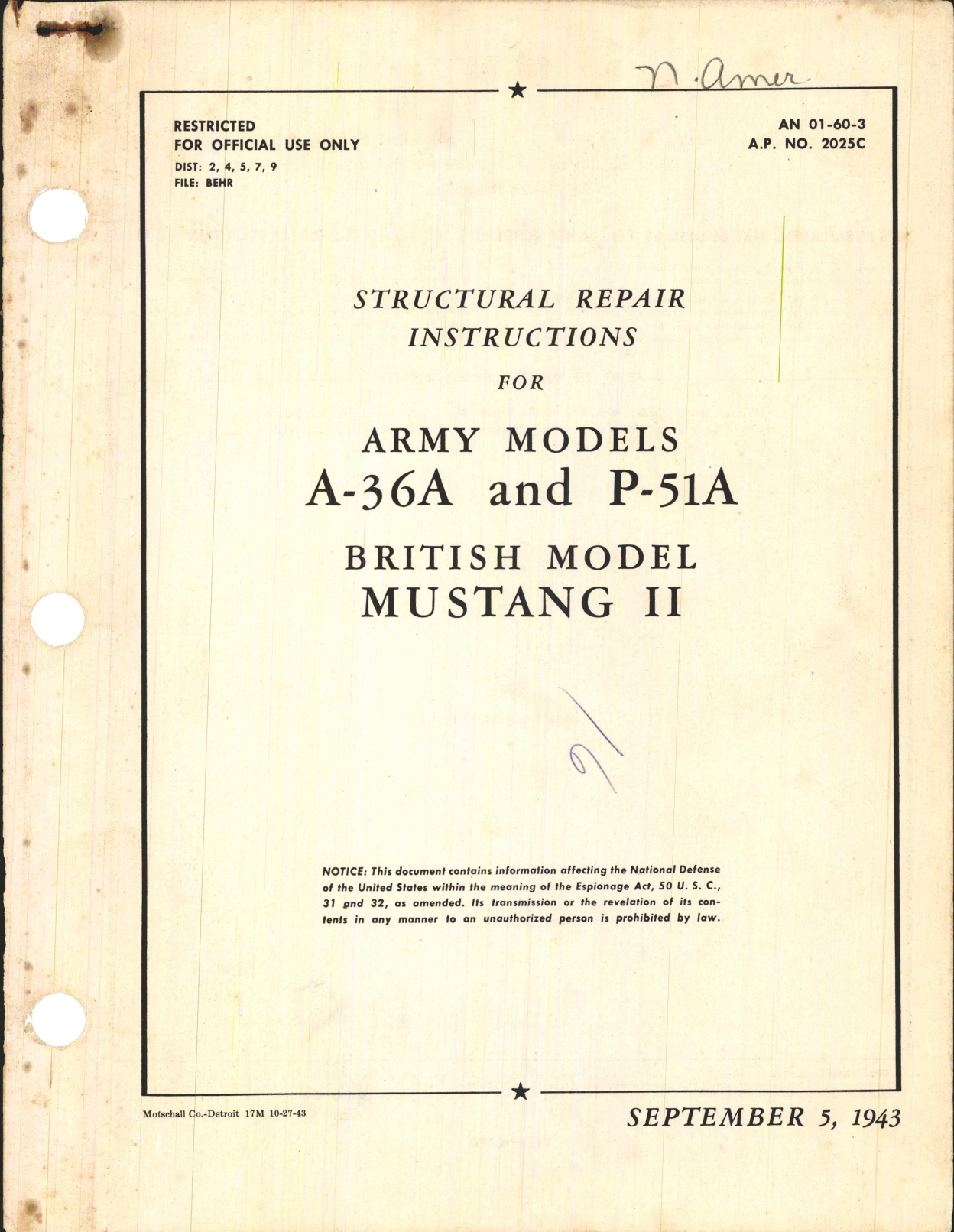 Sample page 1 from AirCorps Library document: Structural Repair Instructions for Army Models A-36A and P-51A