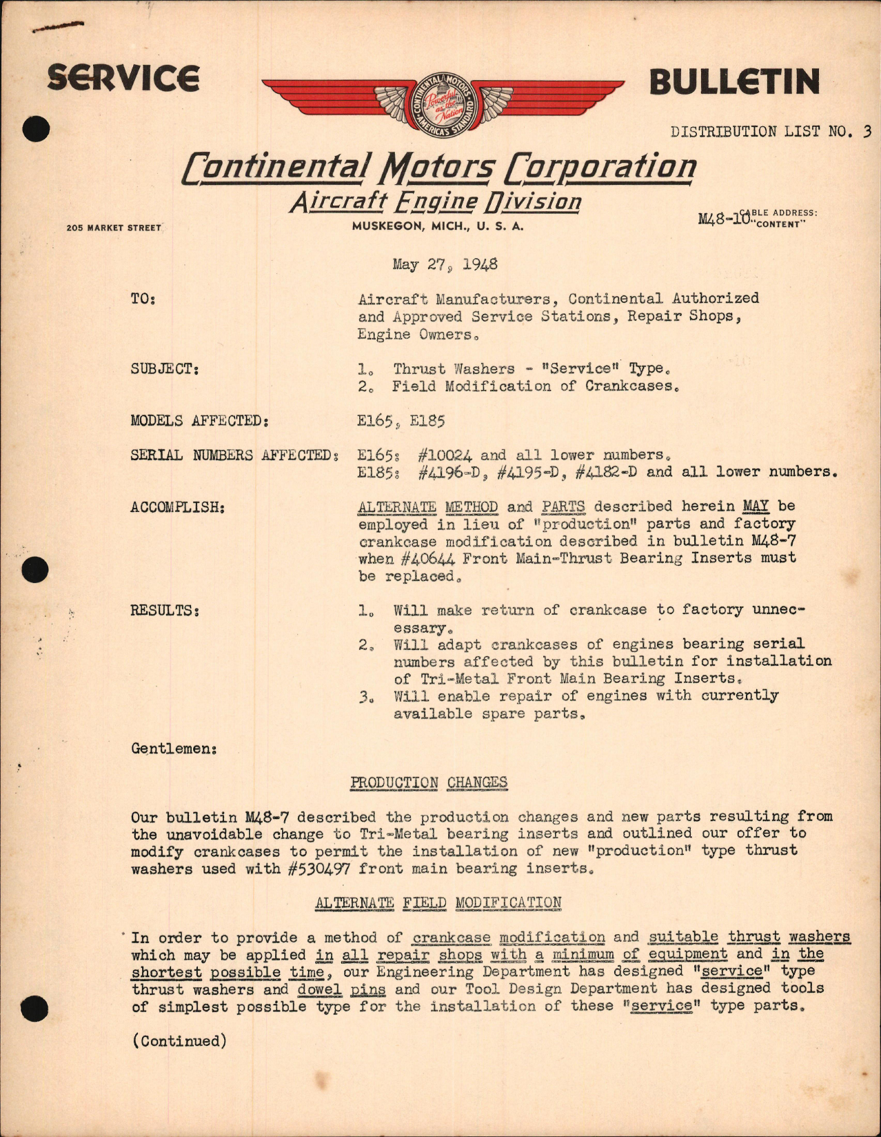 Sample page 1 from AirCorps Library document: Thrust Washers - Service Type & Field Modification of Crankcases