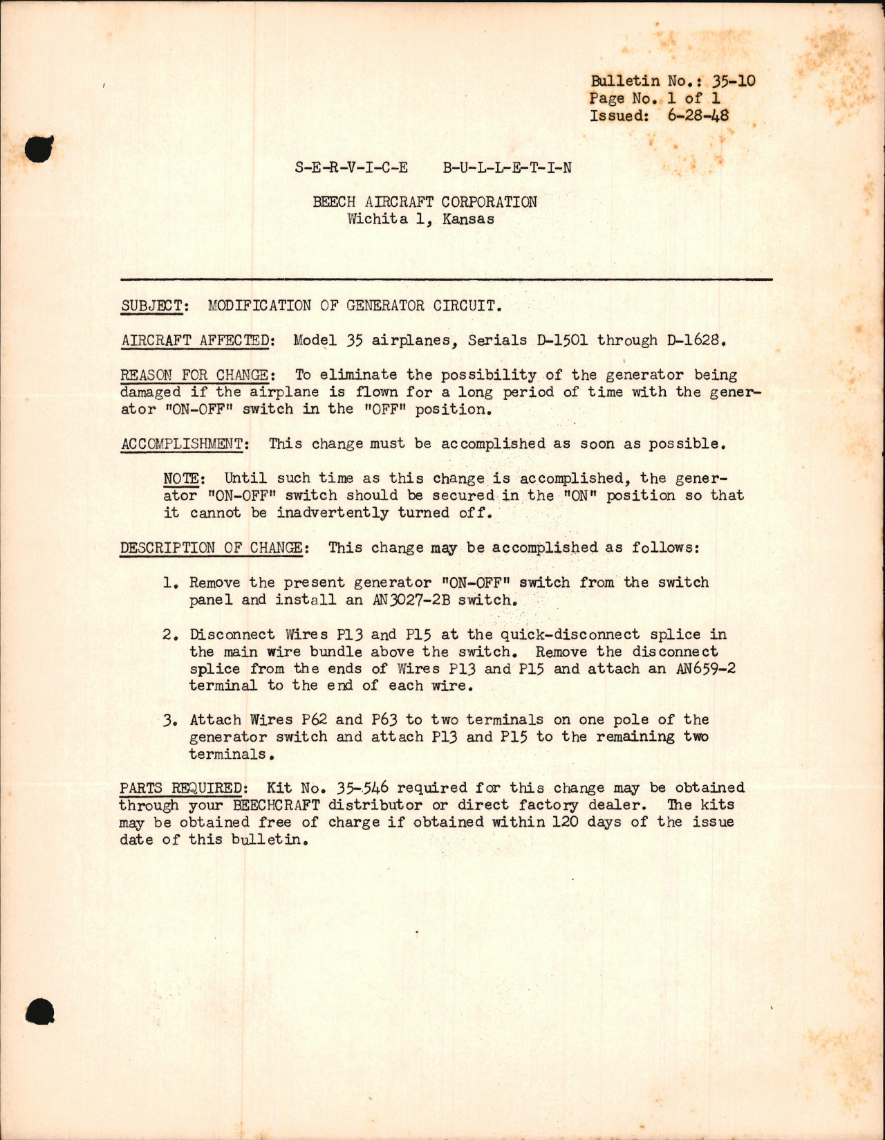 Sample page 1 from AirCorps Library document: Modification of Generator Circuit