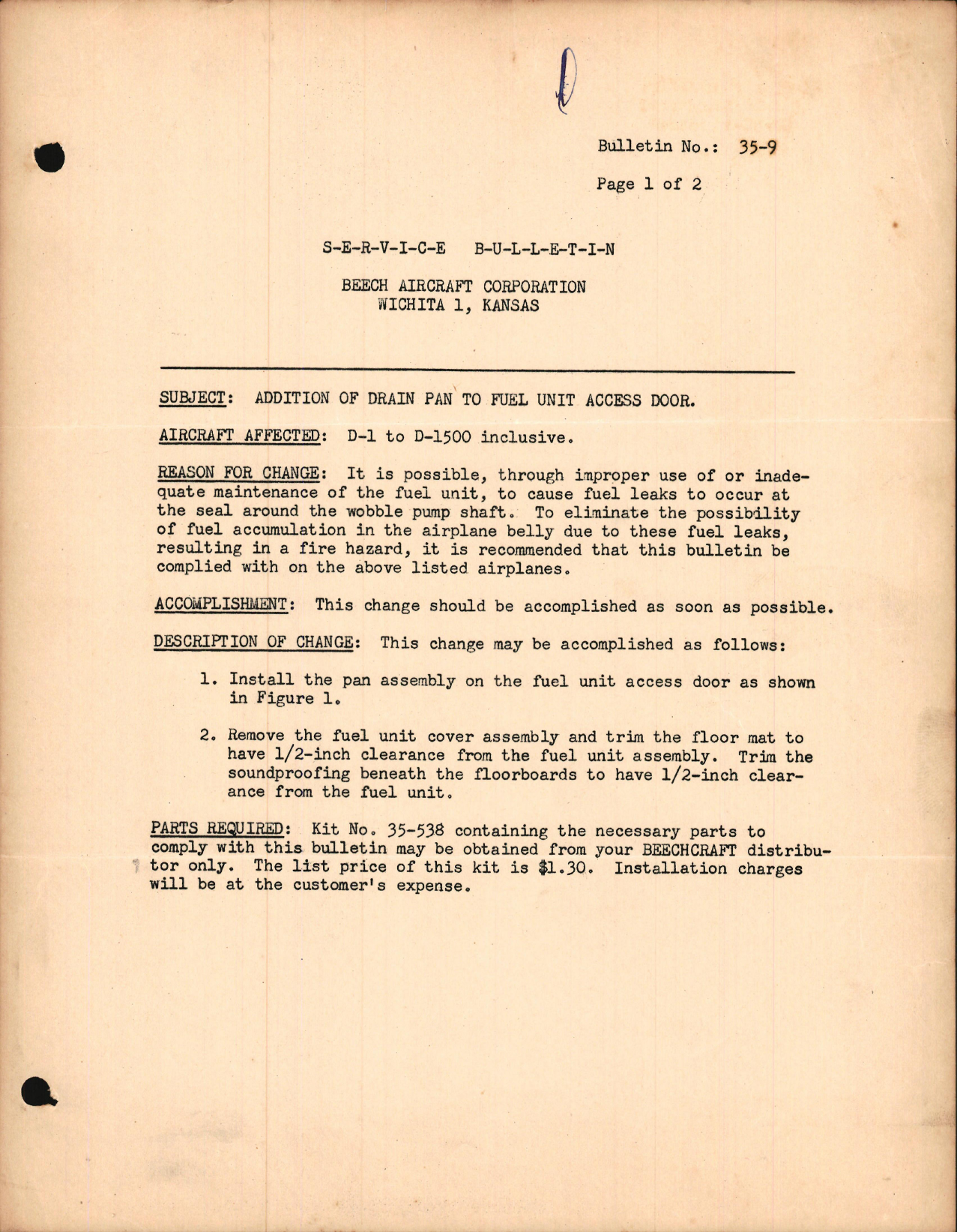 Sample page 1 from AirCorps Library document: Addition of Drain Pan to Fuel Unit Access Door