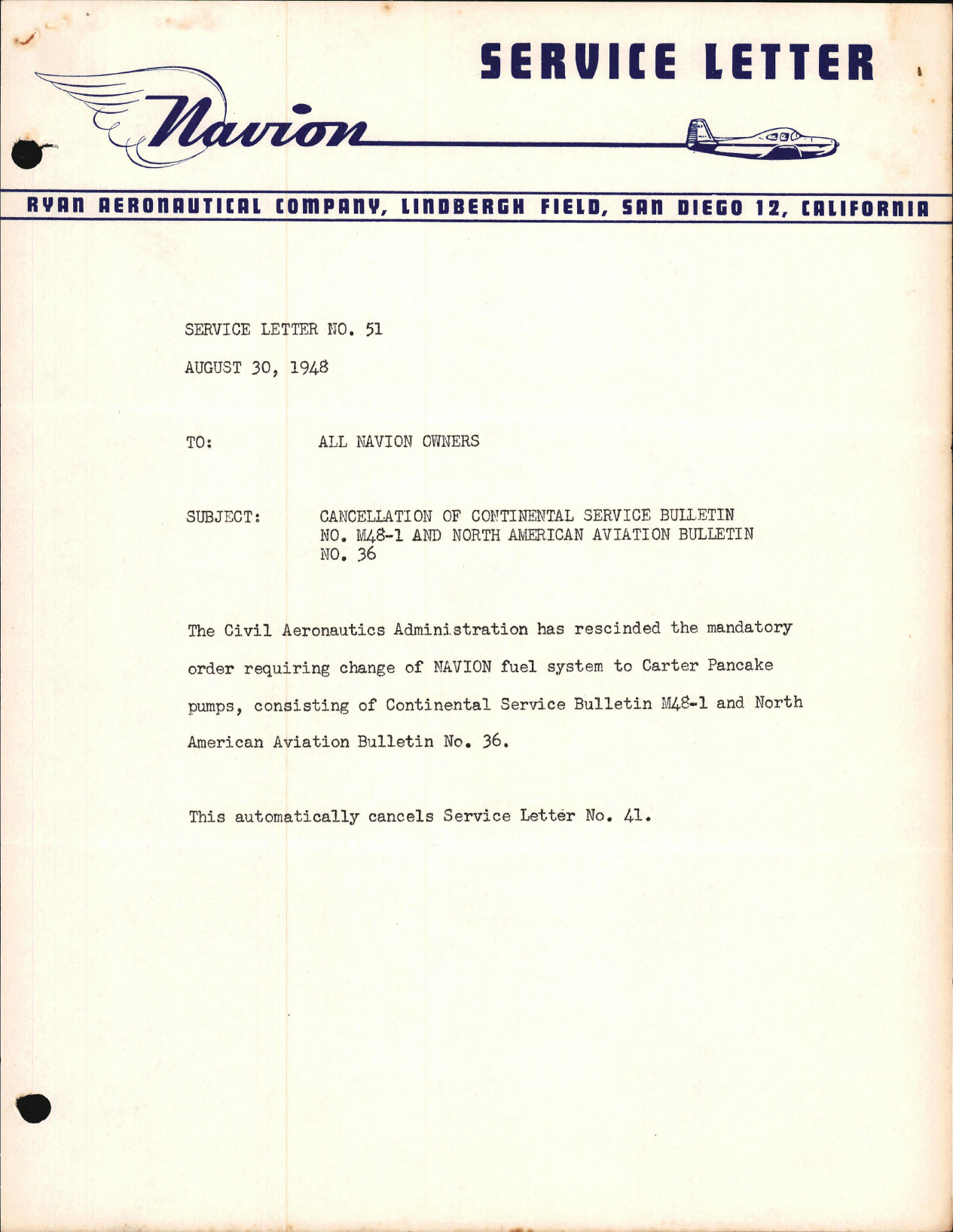 Sample page 1 from AirCorps Library document: Cancellation of Continental Service Bulletin No. M48-1 & North American Bulletin No. 36