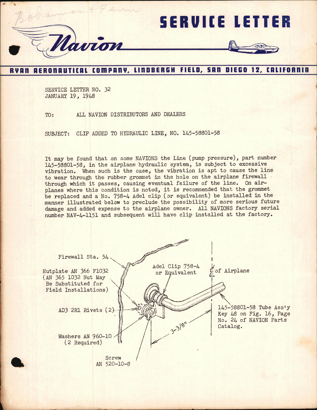 Sample page 1 from AirCorps Library document: Clip added to Hydraulic Line, No. 145-58801-58