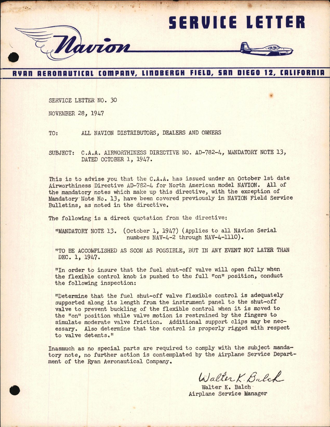 Sample page 1 from AirCorps Library document: C.A.A. Airworthiness Directive No. AD-782-4, Mandatory Note 13, Dated 1-Oct-1947